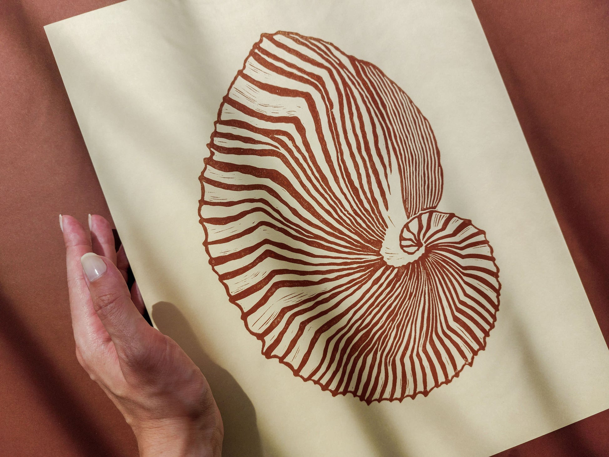 Beige and brown sea shell art Linocut print art for Bedroom or bathroom wall decor UNFRAMED / living room wall adecor for New home gift, houswarming gift, nature lover gift, Nautical wall decor, Simple artwork, Hampton style decor, Coastal wall art
