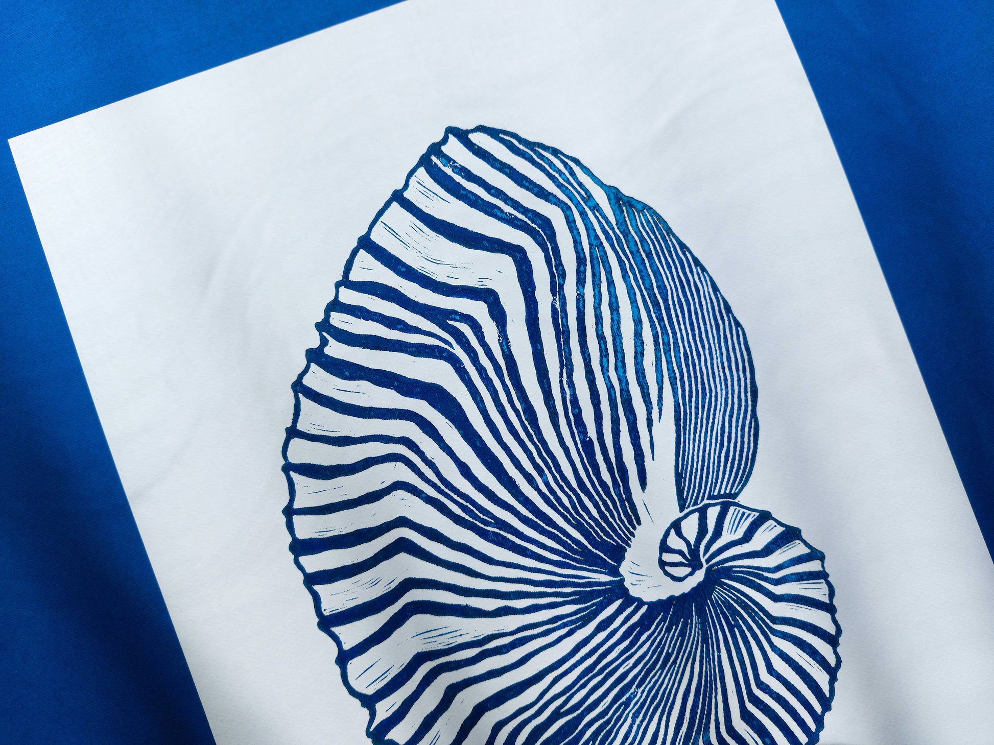 Gallery wall set of 2 Blue sea shell and ocean waves wall art Linocut print UNFRAMED / costal art / hampton style / nautical wall art / lino print / linogravure / original artwork for bedroom / bathroom / living room