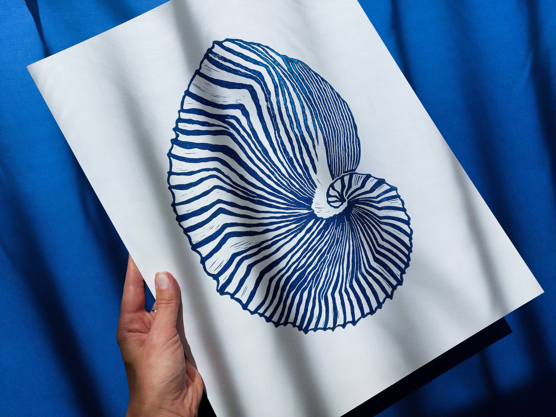 Gallery wall set of 2 Blue sea shell and ocean waves wall art Linocut print UNFRAMED / costal art / hampton style / nautical wall art / lino print / linogravure / original artwork for bedroom / bathroom / living room