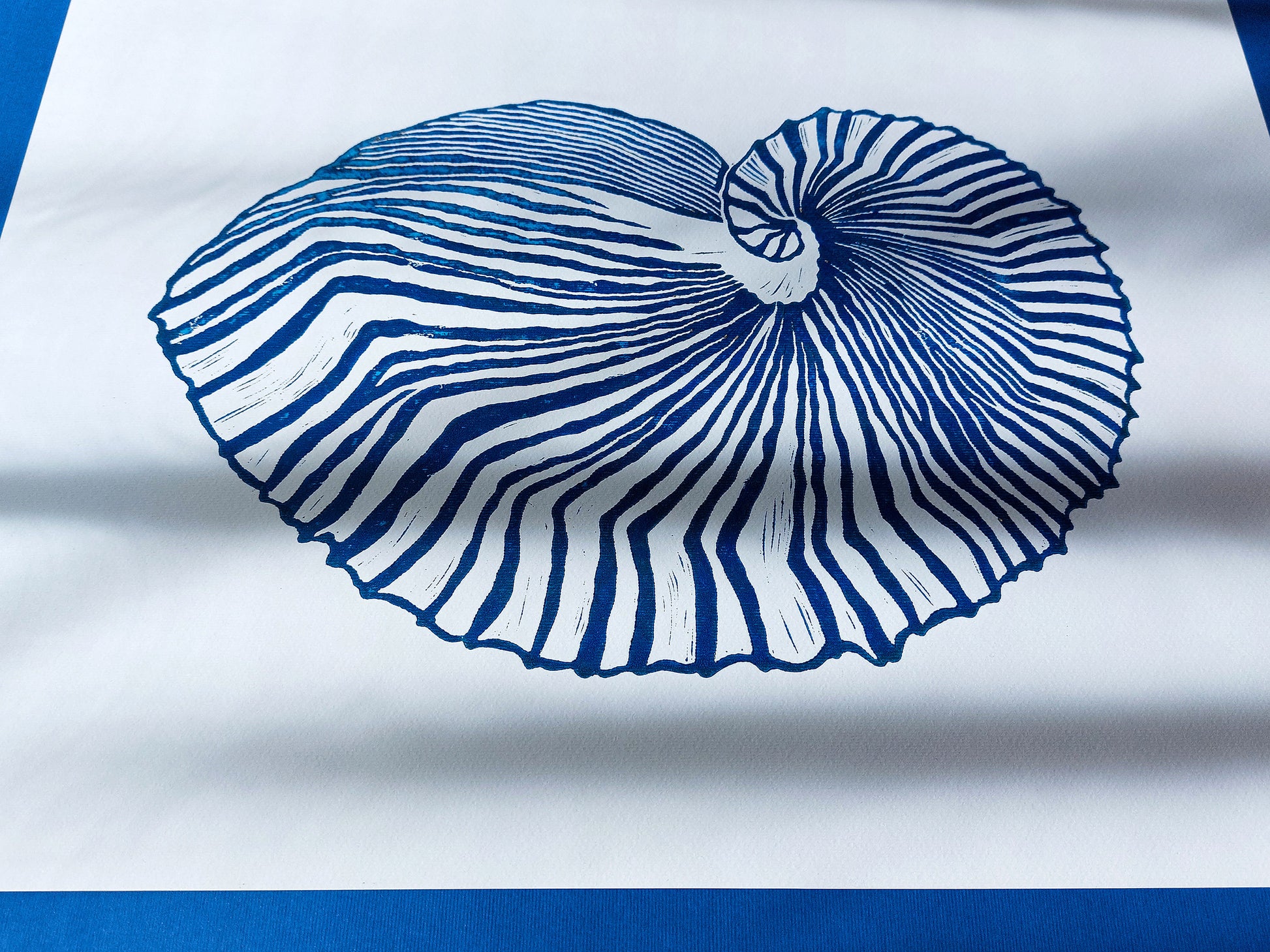 Gallery wall set of 2 Blue sea shell and ocean waves wall art Linocut print UNFRAMED / costal art / hampton style / nautical wall art / lino print / linogravure / original artwork for bedroom / bathroom / living room