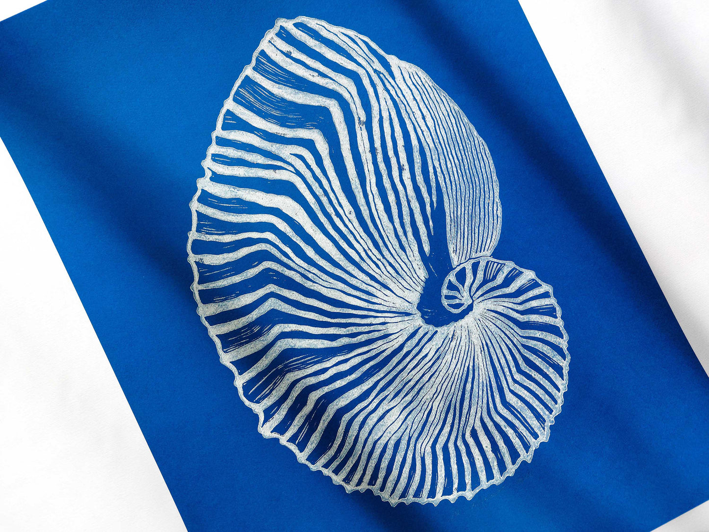 Blue and white sea shell art Linocut print art for Bedroom or bathroom wall decor UNFRAMED / living room wall adecor for New home gift, houswarming gift, nature lover gift, Nautical wall decor, Simple artwork, Hampton style decor, Coastal wall art