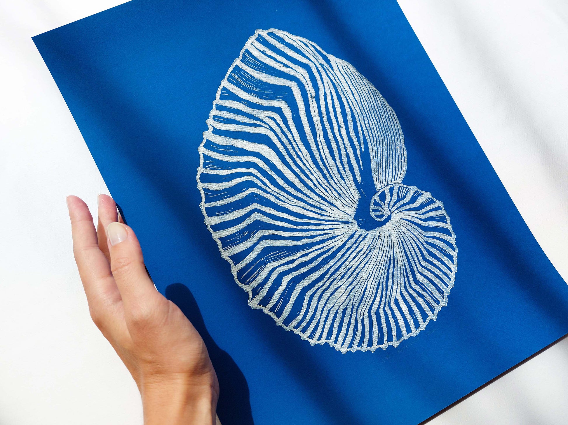 Gallery wall set of 2 Linocut print Blue ocean waves and sea shell wall art 12x16 for Nature lovers gift UNFRAMED / lino print / linogravure / original artwork / printmaking / hampton style / costal wall art / nautical wall art for bedroom, living room, bathroom / classical wall art
