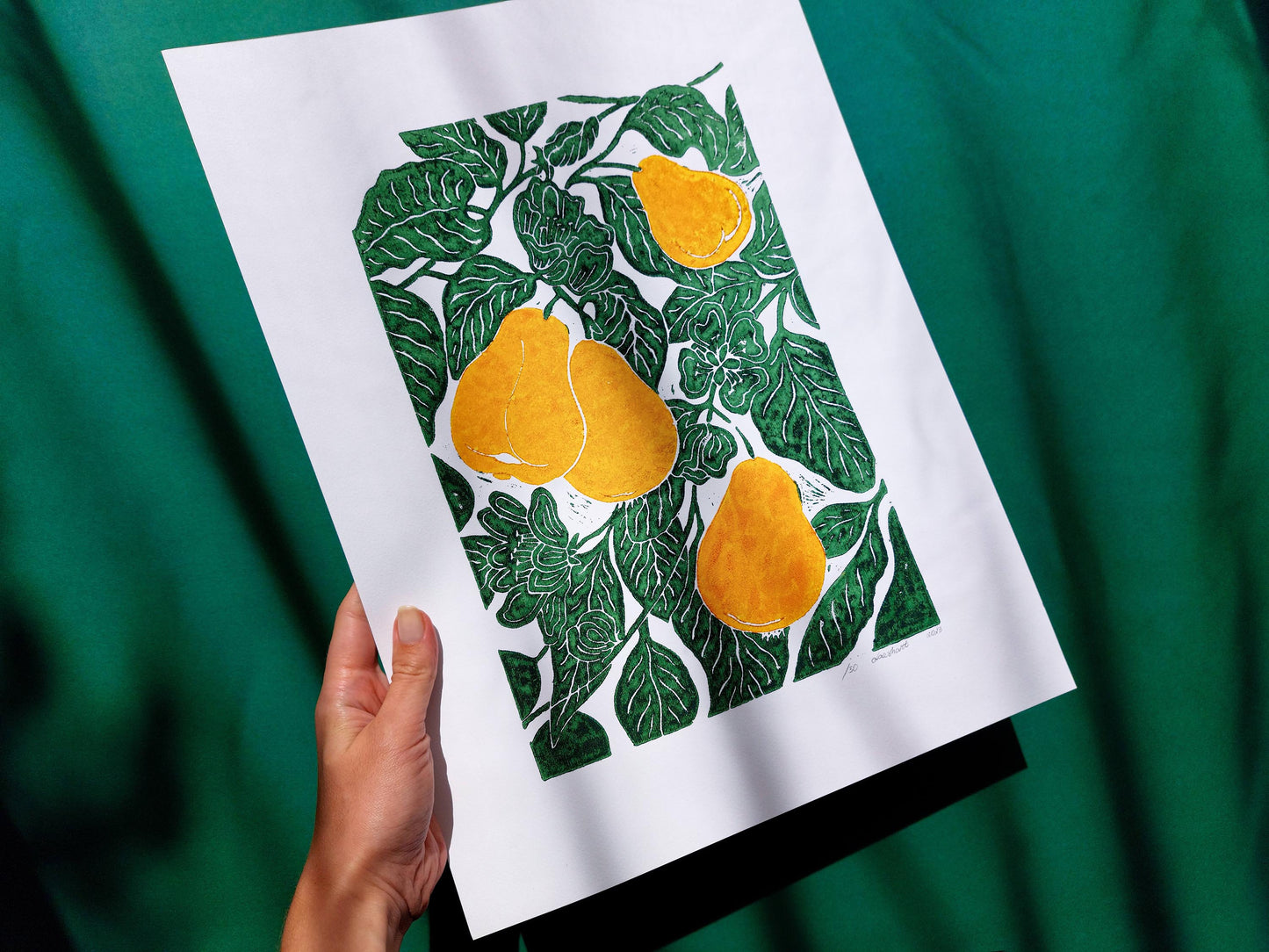 Gallery wall set of 2 Linocut print Yellow pears and red apples Botanical wall art for farm kitchen art and nature lover gift UNFRAMED 12x16 / lino print, relief print, original artwork, block print, printmaking, linogravure, new home gift, housewarming, nature lovers gift, living room, dining room