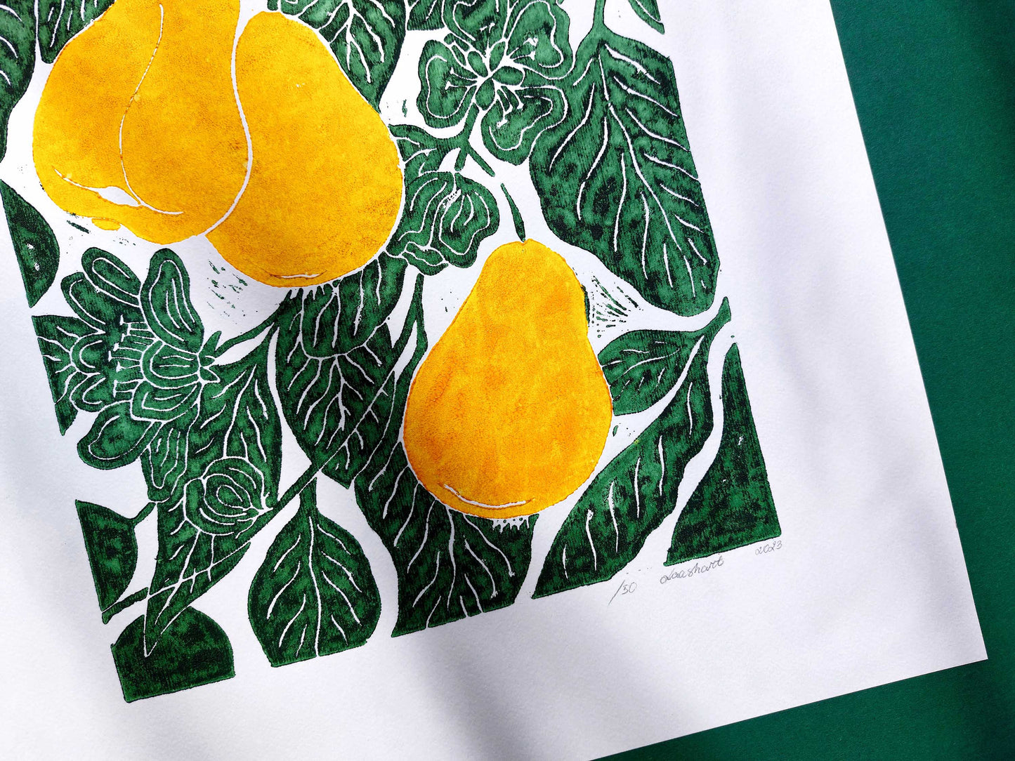 Pears linocut print / Original artwork Botanical fruit for modern kitchen wall art or Nature lover gift UNFRAMED / printmaking, lino print, linogravure, block print, relief print for modern kitchen art, dining room wall decor, bedroom, housewarming gift, nature lover gift, new home gift mother gift