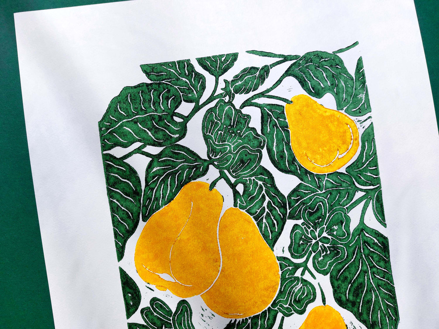 Gallery wall set of 2 Linocut print Yellow pears and red apples Botanical wall art for farm kitchen art and nature lover gift UNFRAMED 12x16 / lino print, relief print, original artwork, block print, printmaking, linogravure, new home gift, housewarming, nature lovers gift, living room, dining room
