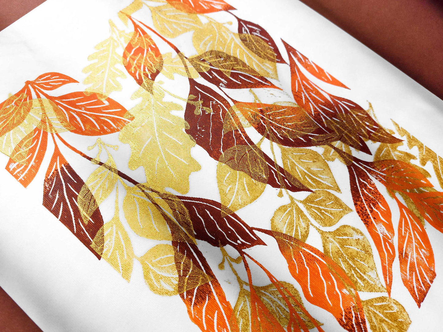 Gold orange and brown fall leaves artwork Linocut print 12x16in for New home gift UNFRAMED / original artwork, relief print, printmaking art, lino print, linogravure, handmade wall art, new home gift, farmhouse decor, houswarming gift, living room wall art, dining room art, farm kitchen art, bedroom wall decor, autumn art, fall wall art, seasonal wall decor, aesthetic wall art