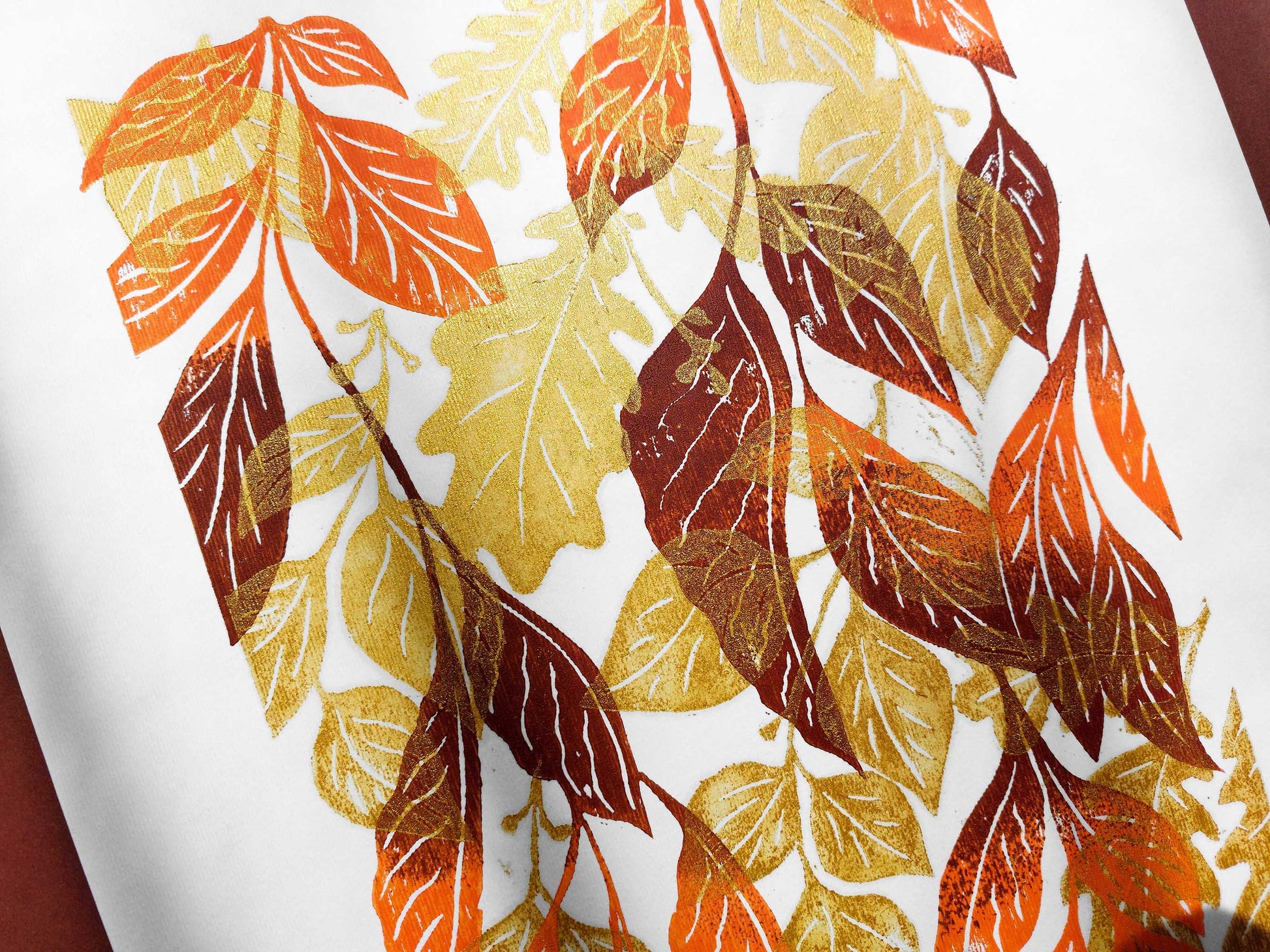Gold orange and brown fall leaves artwork Linocut print 12x16in for New home gift UNFRAMED / original artwork, relief print, printmaking art, lino print, linogravure, handmade wall art, new home gift, farmhouse decor, houswarming gift, living room wall art, dining room art, farm kitchen art, bedroom wall decor, autumn art, fall wall art, seasonal wall decor, aesthetic wall art