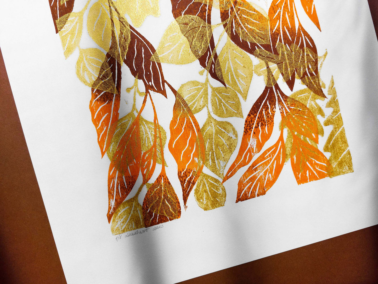 Gold orange and brown fall leaves artwork Linocut print 12x16in for New home gift UNFRAMED / original artwork, relief print, printmaking art, lino print, linogravure, handmade wall art, new home gift, farmhouse decor, houswarming gift, living room wall art, dining room art, farm kitchen art, bedroom wall decor, autumn art, fall wall art, seasonal wall decor, aesthetic wall art