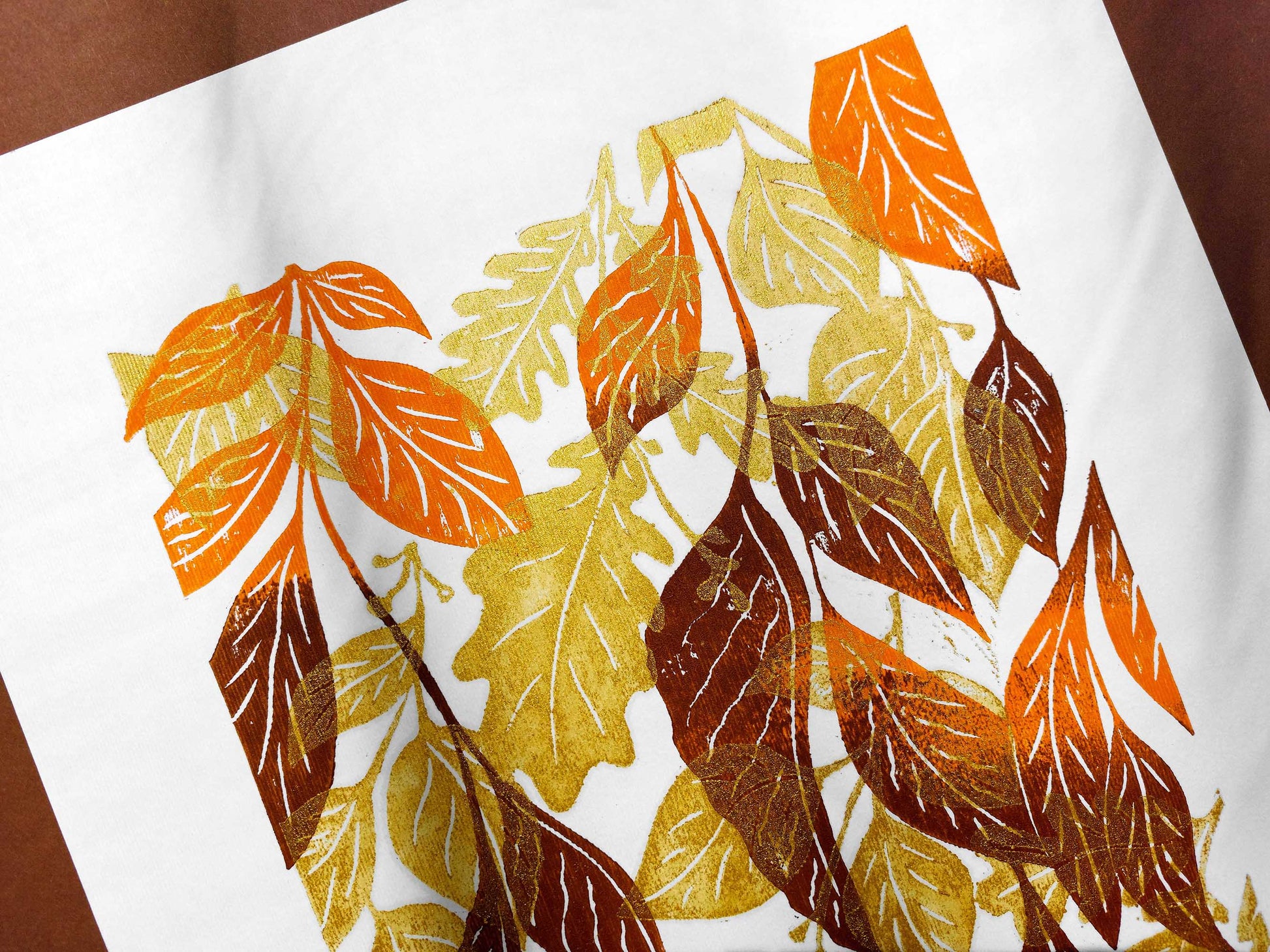 Gold orange and brown fall leaves artwork Linocut print 12x16in for New home gift UNFRAMED / original artwork, relief print, printmaking art, lino print, linogravure, handmade wall art, new home gift, farmhouse decor, houswarming gift, living room wall art, dining room art, farm kitchen art, bedroom wall decor, autumn art, fall wall art, seasonal wall decor, aesthetic wall art