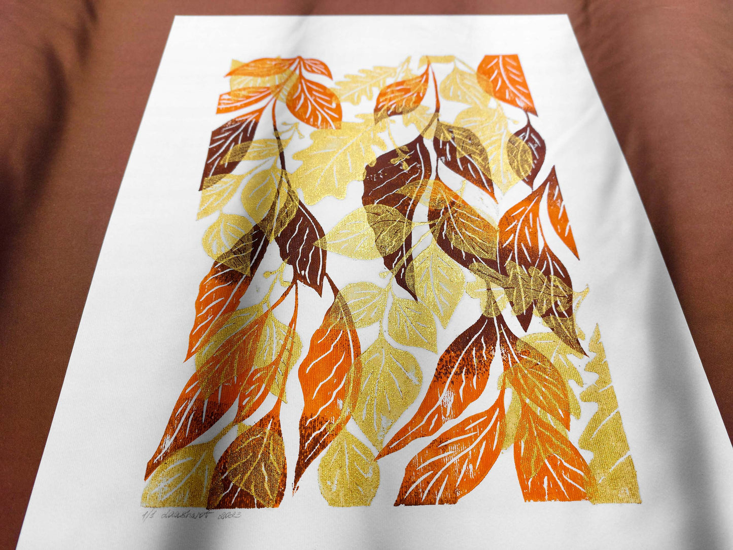 Gold orange and brown fall leaves artwork Linocut print 12x16in for New home gift UNFRAMED / original artwork, relief print, printmaking art, lino print, linogravure, handmade wall art, new home gift, farmhouse decor, houswarming gift, living room wall art, dining room art, farm kitchen art, bedroom wall decor, autumn art, fall wall art, seasonal wall decor, aesthetic wall art