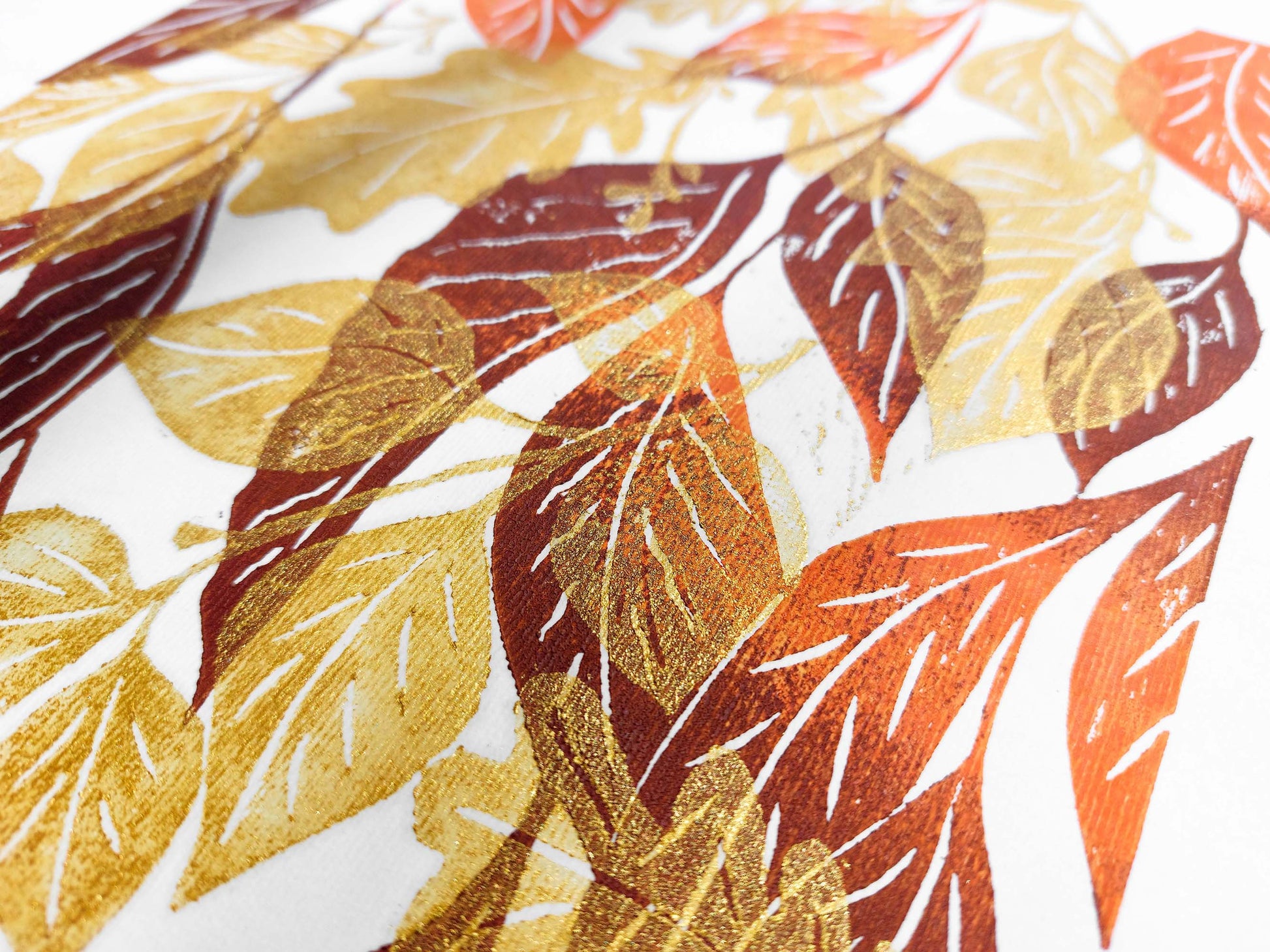 Gold orange and brown fall leaves artwork Linocut print 12x16in for New home gift UNFRAMED / original artwork, relief print, printmaking art, lino print, linogravure, handmade wall art, new home gift, farmhouse decor, houswarming gift, living room wall art, dining room art, farm kitchen art, bedroom wall decor, autumn art, fall wall art, seasonal wall decor, aesthetic wall art