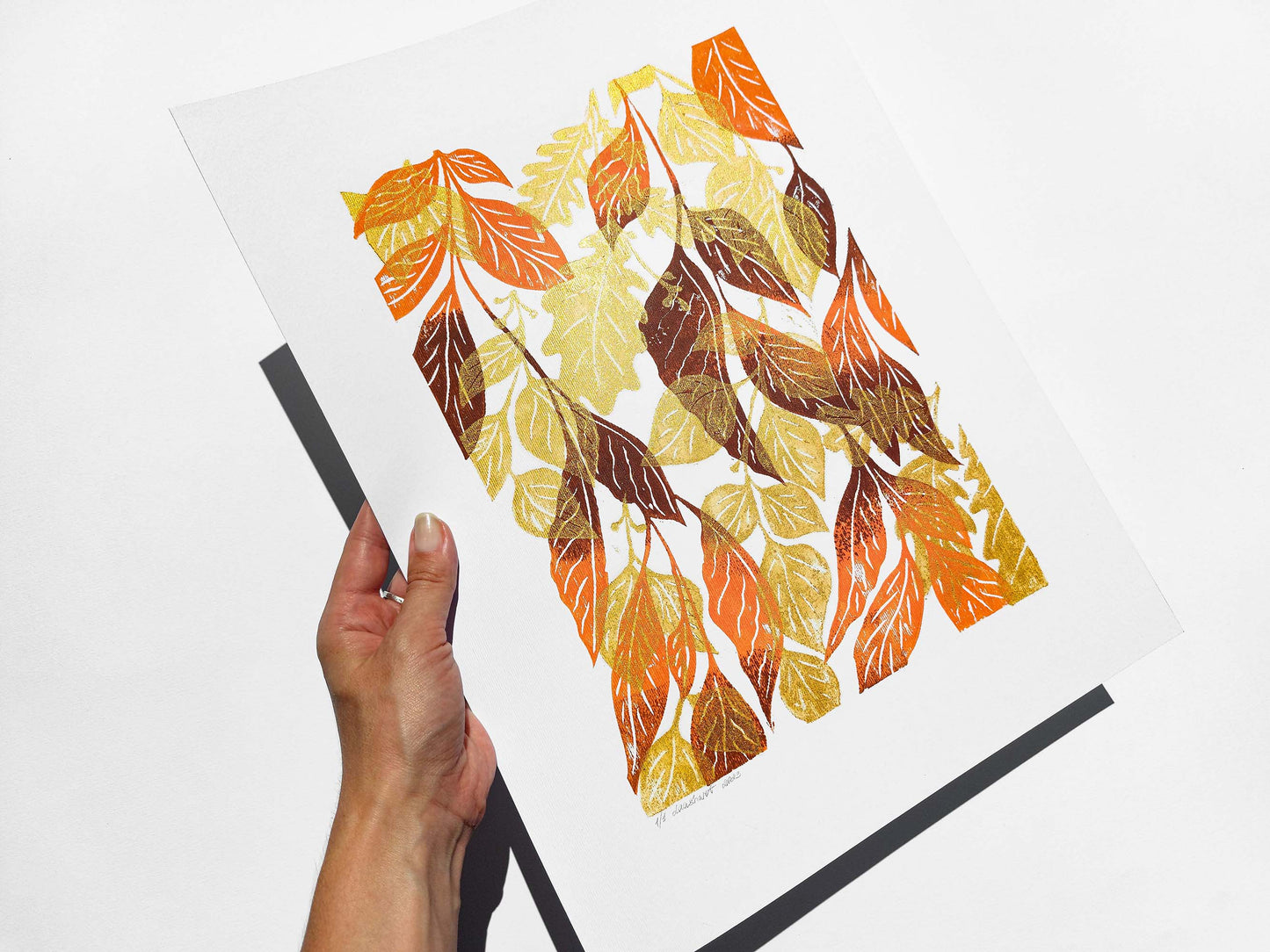 Gold orange and brown fall leaves artwork Linocut print 12x16in for New home gift UNFRAMED / original artwork, relief print, printmaking art, lino print, linogravure, handmade wall art, new home gift, farmhouse decor, houswarming gift, living room wall art, dining room art, farm kitchen art, bedroom wall decor, autumn art, fall wall art, seasonal wall decor, aesthetic wall art