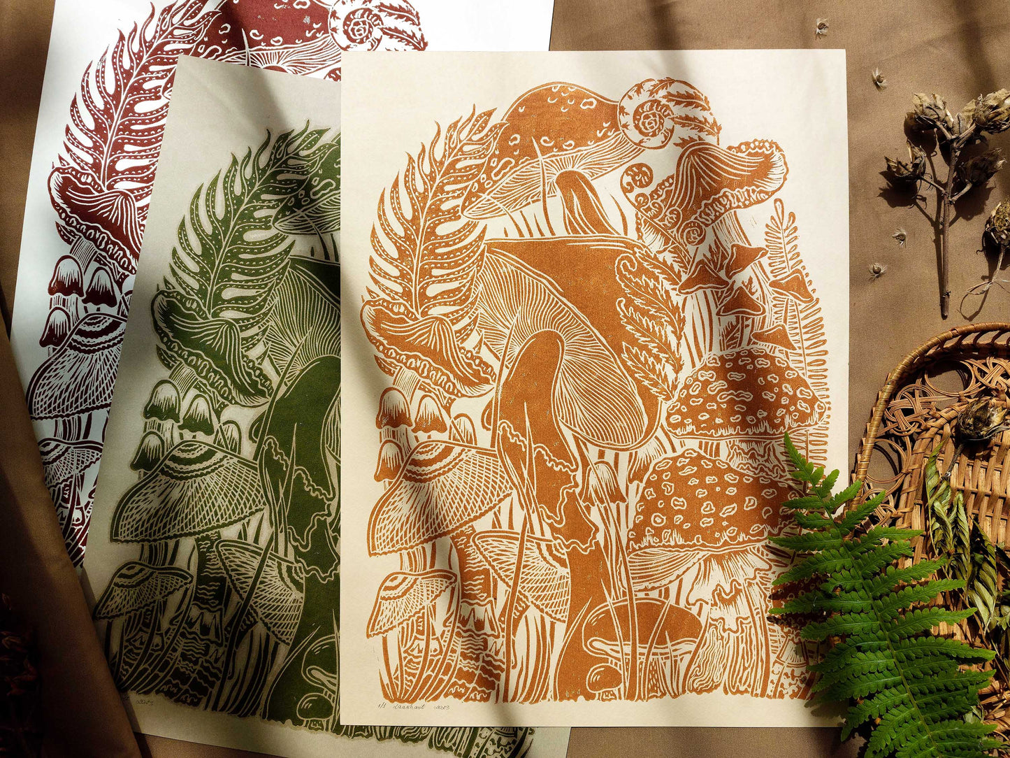 Vintage Beige, light yellow, green paper and ochre, green, brown mushrooms Linocut print for Nature lover gift / farmhouse kitchen wall art UNFRAMED / lino print / linogravure / relief block print / printmaking wall decor