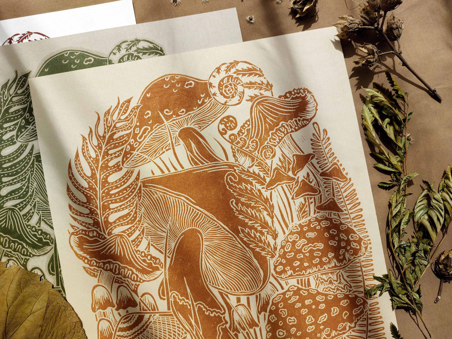 Vintage Beige paper and ochre mushrooms Linocut print for Nature lover gift / farmhouse kitchen wall art UNFRAMED / lino print / linogravure / relief block print / printmaking wall decor