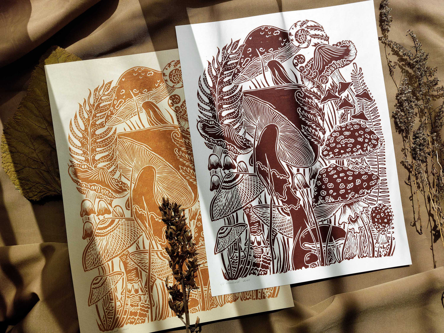 Vintage Beige and light yellow paper and ochre and brown mushrooms Linocut print for Nature lover gift / farmhouse kitchen wall art UNFRAMED / lino print / linogravure / relief block print / printmaking wall decor