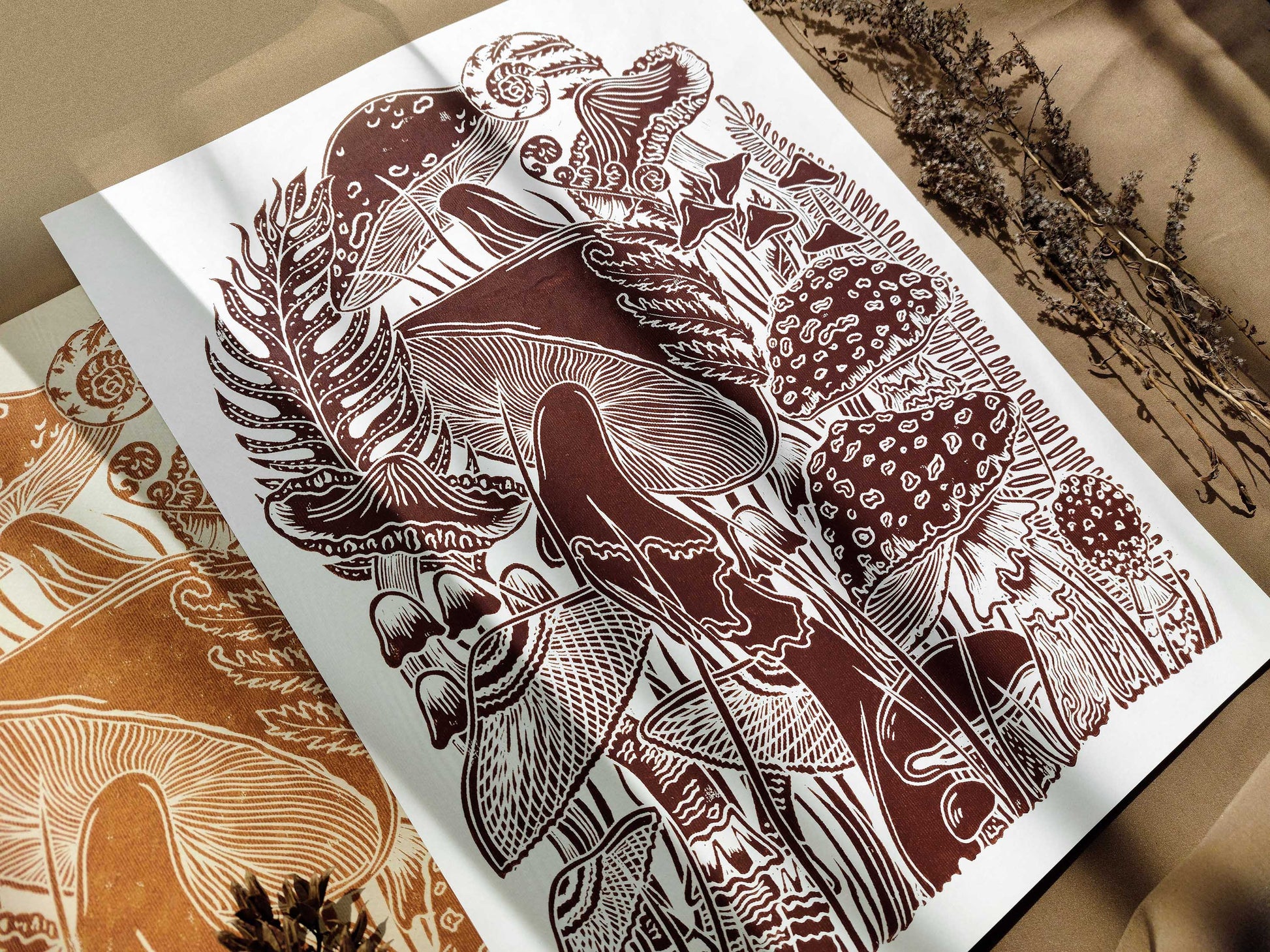 Vintage light yellow paper and brown mushrooms Linocut print for Nature lover gift / farmhouse kitchen wall art UNFRAMED / lino print / linogravure / relief block print / printmaking wall decor