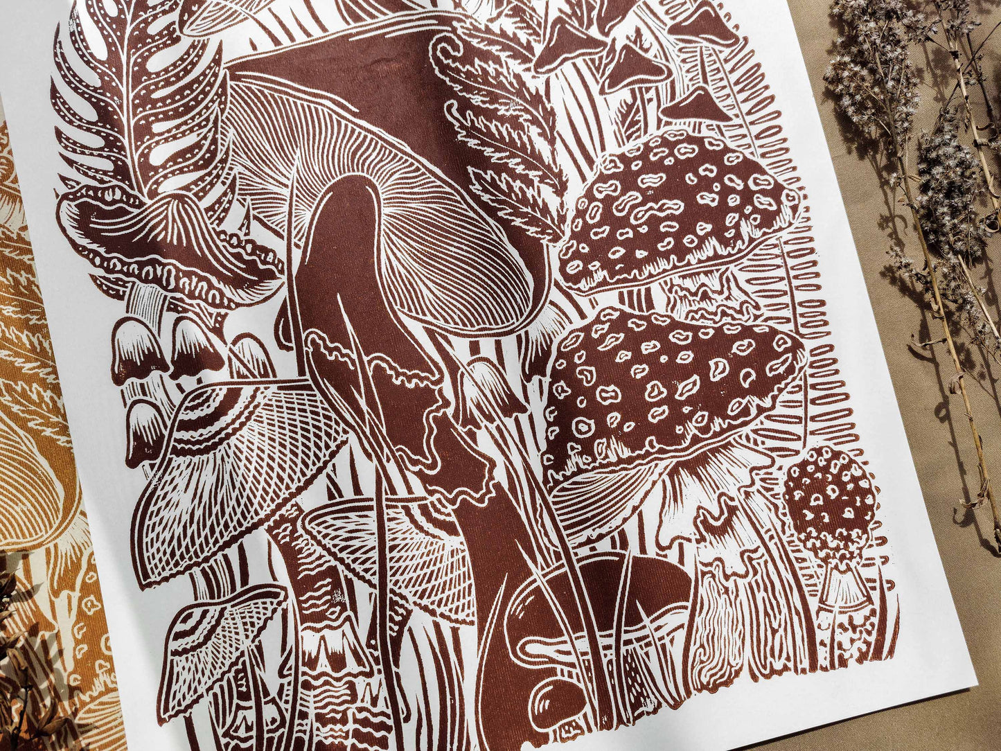 Vintage light yellow paper and brown mushrooms Linocut print for Nature lover gift / farmhouse kitchen wall art UNFRAMED / lino print / linogravure / relief block print / printmaking wall decor