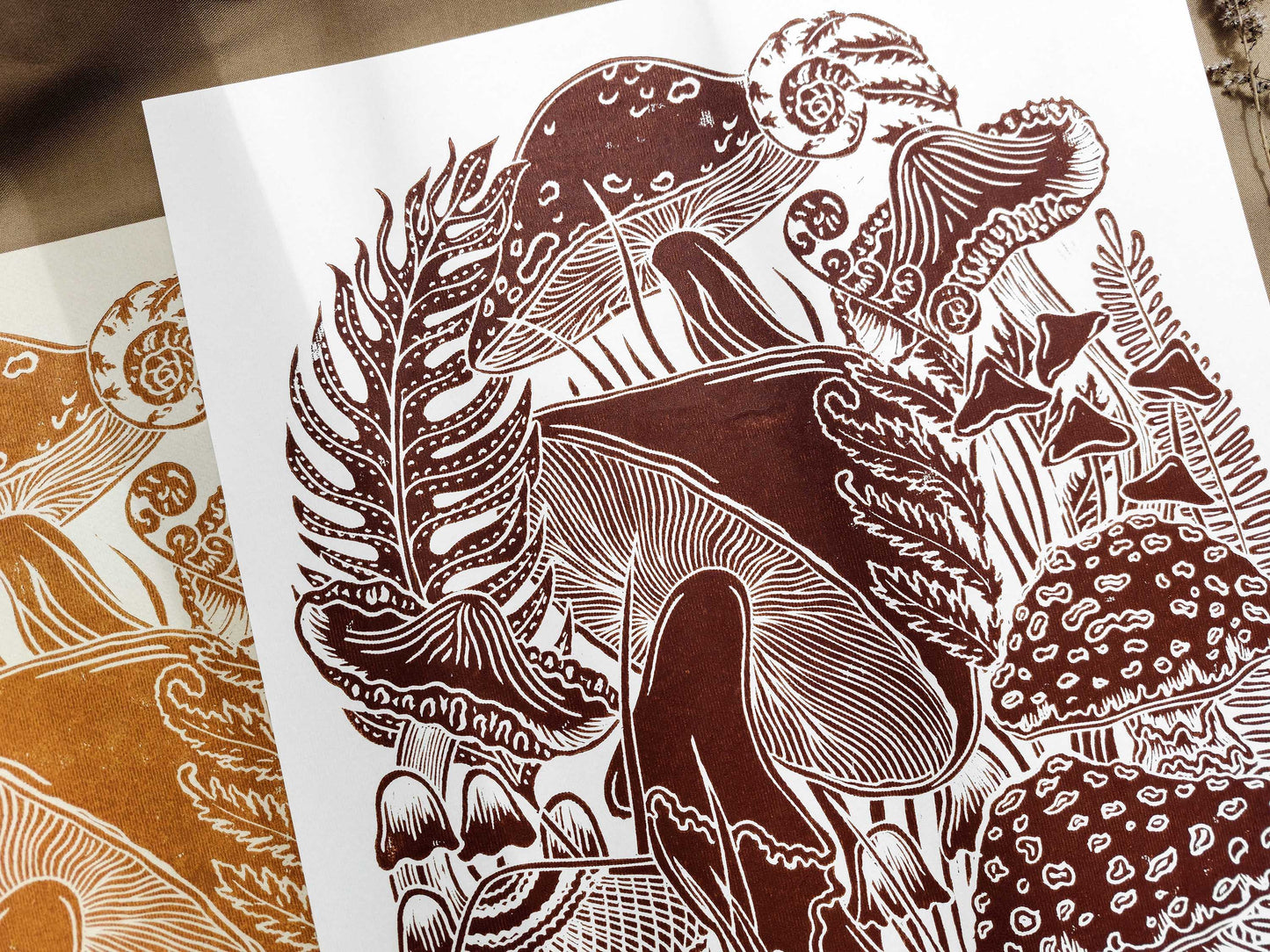 Vintage Beige and light yellow paper and ochre and brown mushrooms Linocut print for Nature lover gift / farmhouse kitchen wall art UNFRAMED / lino print / linogravure / relief block print / printmaking wall decor