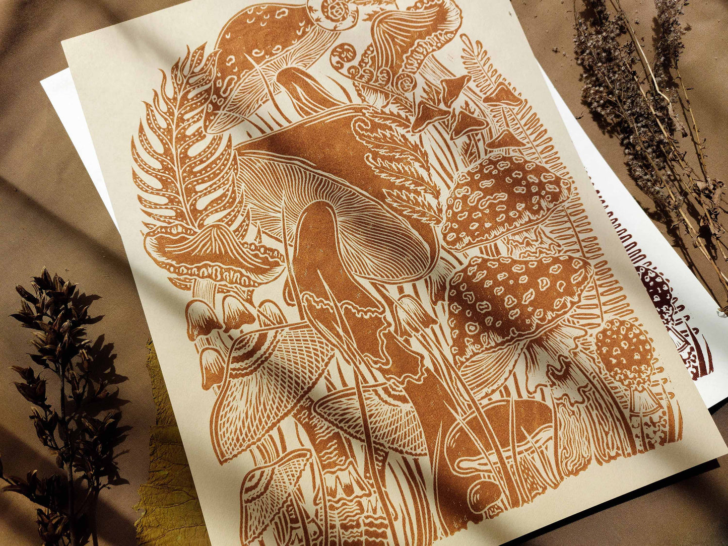 Vintage Beige paper and ochre mushrooms Linocut print for Nature lover gift / farmhouse kitchen wall art UNFRAMED