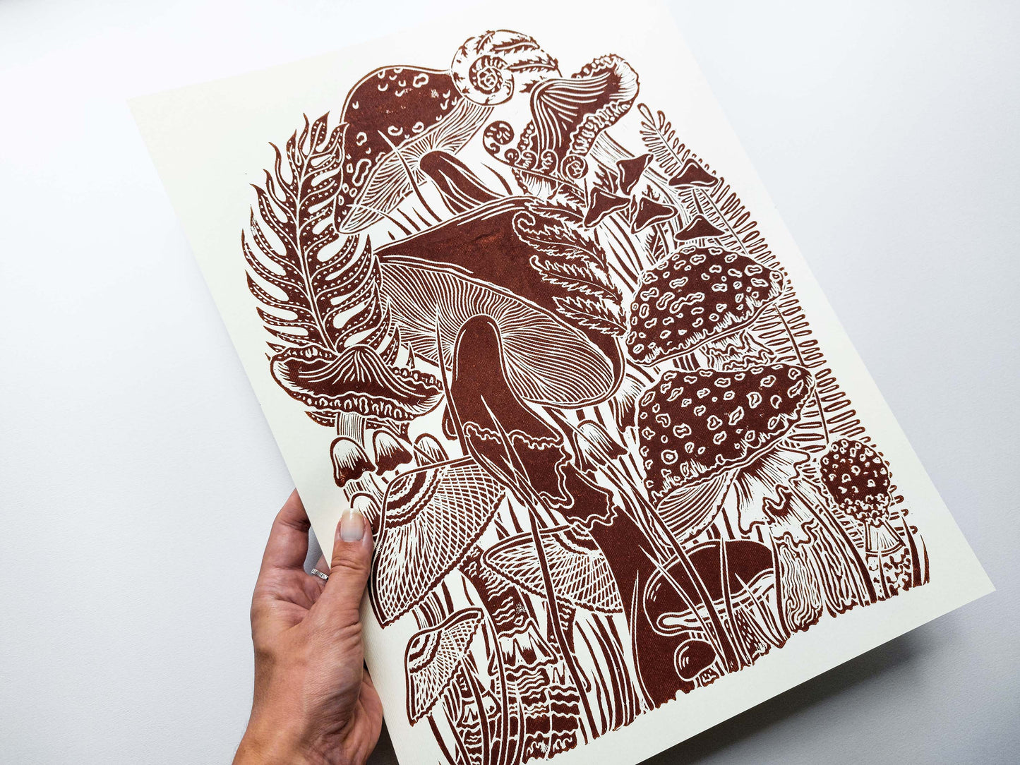 Vintage light yellow paper brown mushrooms Linocut print for Nature lover gift / farmhouse kitchen wall art UNFRAMED / lino print / linogravure / relief block print / printmaking wall decor