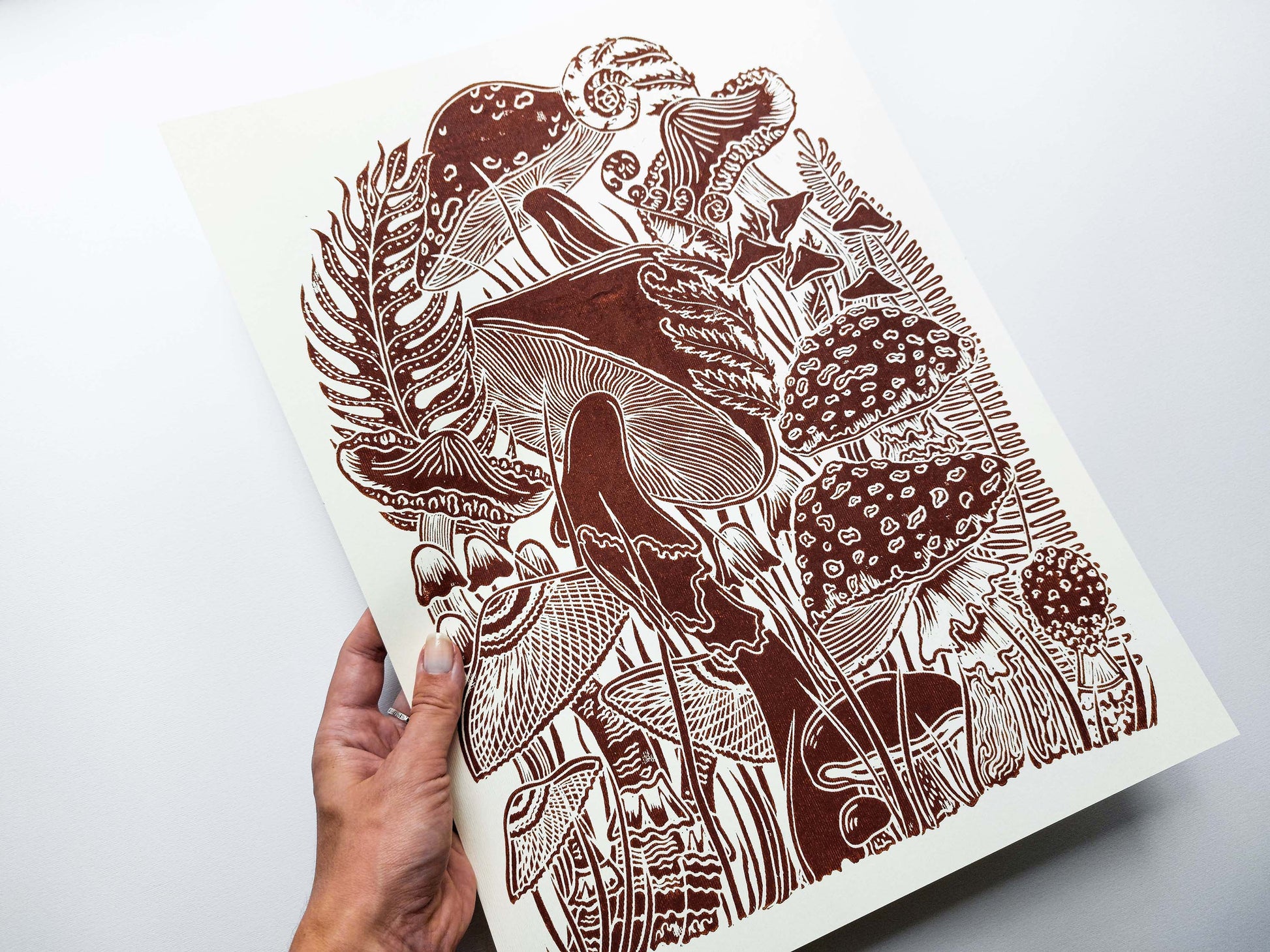 Vintage light yellow paper brown mushrooms Linocut print for Nature lover gift / farmhouse kitchen wall art UNFRAMED / lino print / linogravure / relief block print / printmaking wall decor