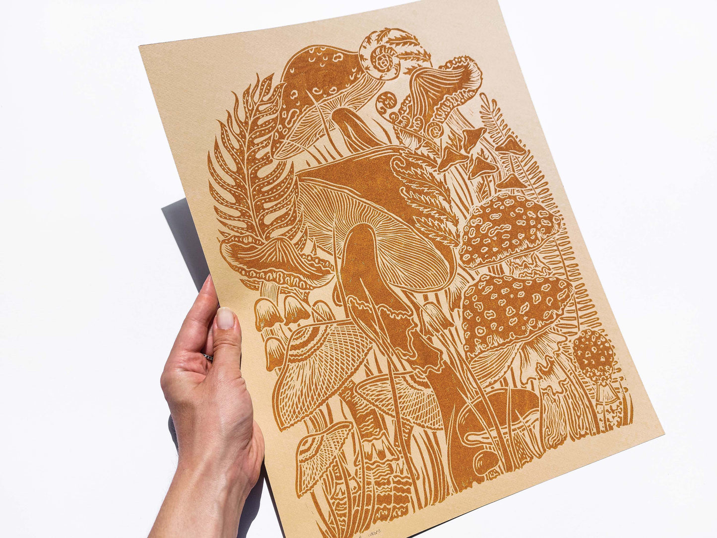 Vintage Beige paper and ochre mushrooms Linocut print for Nature lover gift / farmhouse kitchen wall art UNFRAMED