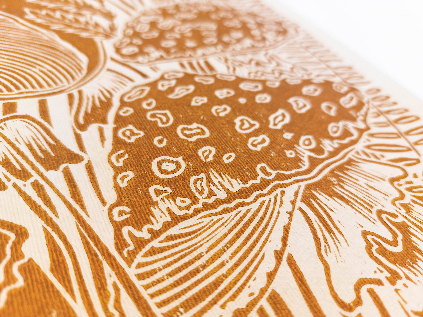 Vintage Beige paper and ochre mushrooms Linocut print for Nature lover gift / farmhouse kitchen wall art UNFRAMED / lino print / linogravure / relief block print / printmaking wall decor
