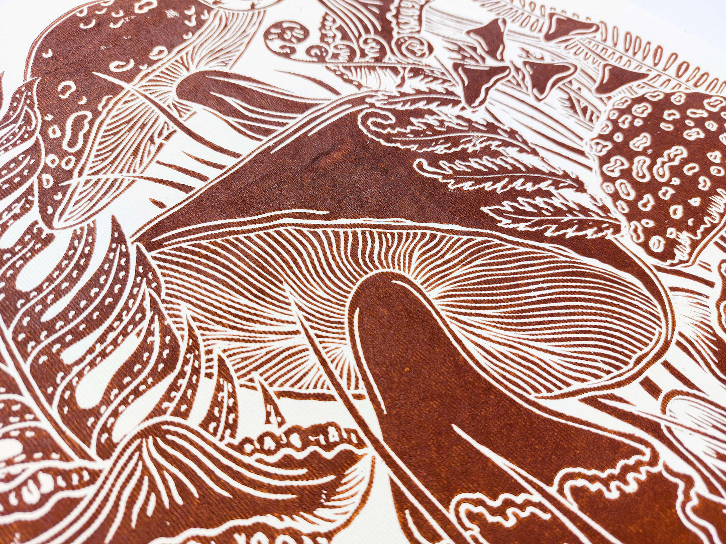 Vintage light yellow paper and brown mushrooms Linocut print for Nature lover gift / farmhouse kitchen wall art UNFRAMED / lino print / linogravure / relief block print / printmaking wall decor