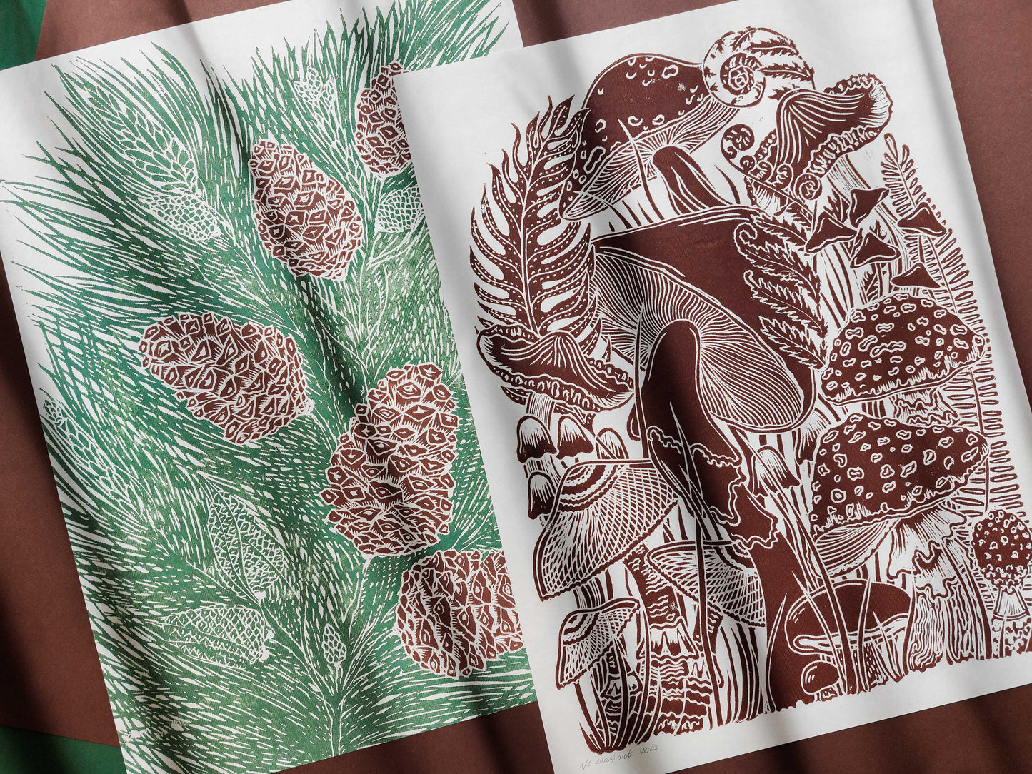 Gallery wall set of 2 Botanical brown vintage mushroom and Green cones trees Linocut print UNFRAMED / lino print / printmaking / linogravure / original artwork for modern kitchen autumn art / farm kitchen / dining room /