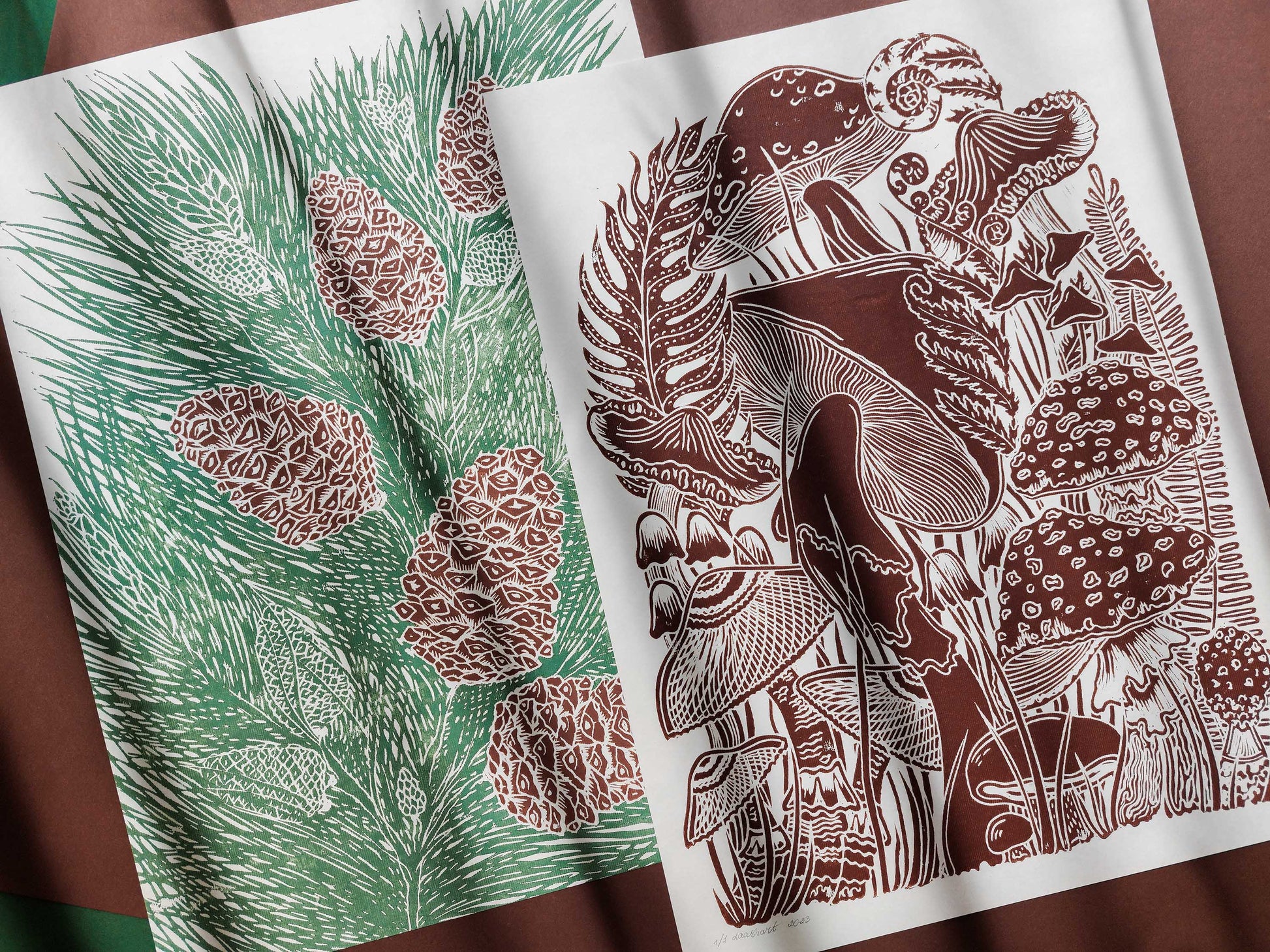 Gallery wall set of 2 Botanical brown vintage mushroom and Green cones trees Linocut print UNFRAMED / lino print / printmaking / linogravure / original artwork for modern kitchen autumn art / farm kitchen / dining room /