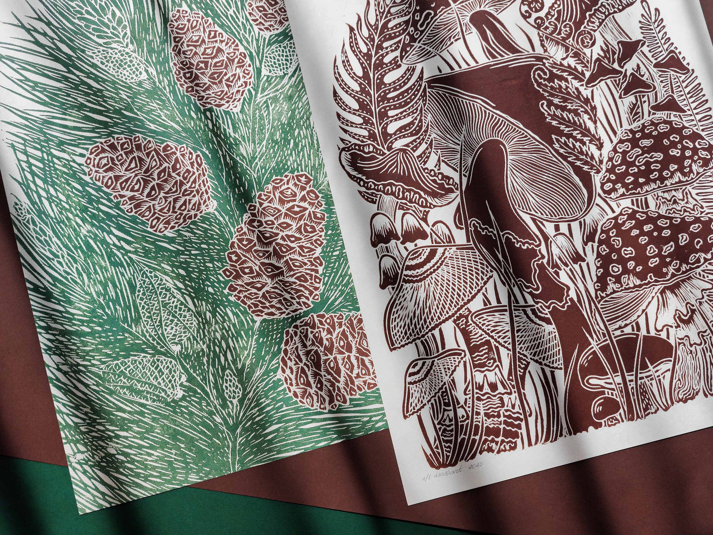 Gallery wall set of 2 Botanical brown vintage mushroom and Green cones trees Linocut print UNFRAMED / lino print / printmaking / linogravure / original artwork for modern kitchen autumn art / farm kitchen / dining room /