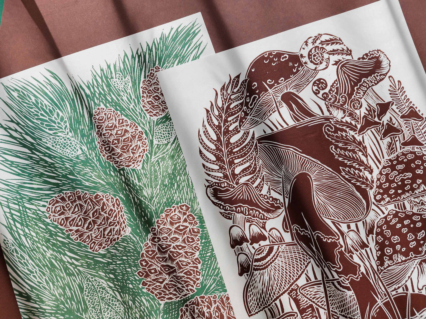 Gallery wall set of 2 Botanical brown vintage mushroom and Green cones trees Linocut print UNFRAMED / lino print / printmaking / linogravure / original artwork for modern kitchen autumn art / farm kitchen / dining room /