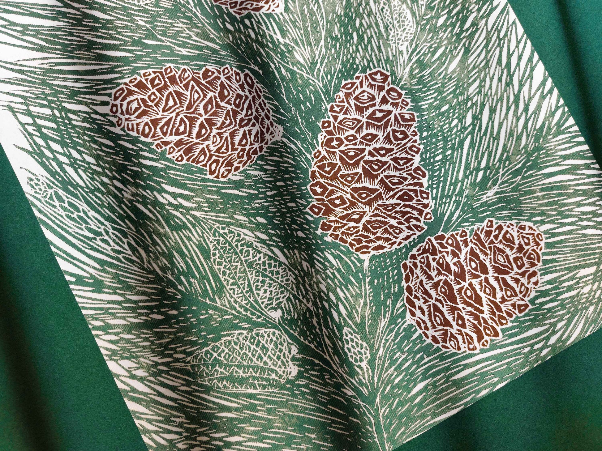 Green and brown cones neutral pine tree Linocut print for autumn or winter farmhouse bedroom, living room, kitchen UNFRAMED / lino print, printmaking art, handmade art, linogravure, original artwork, relief print