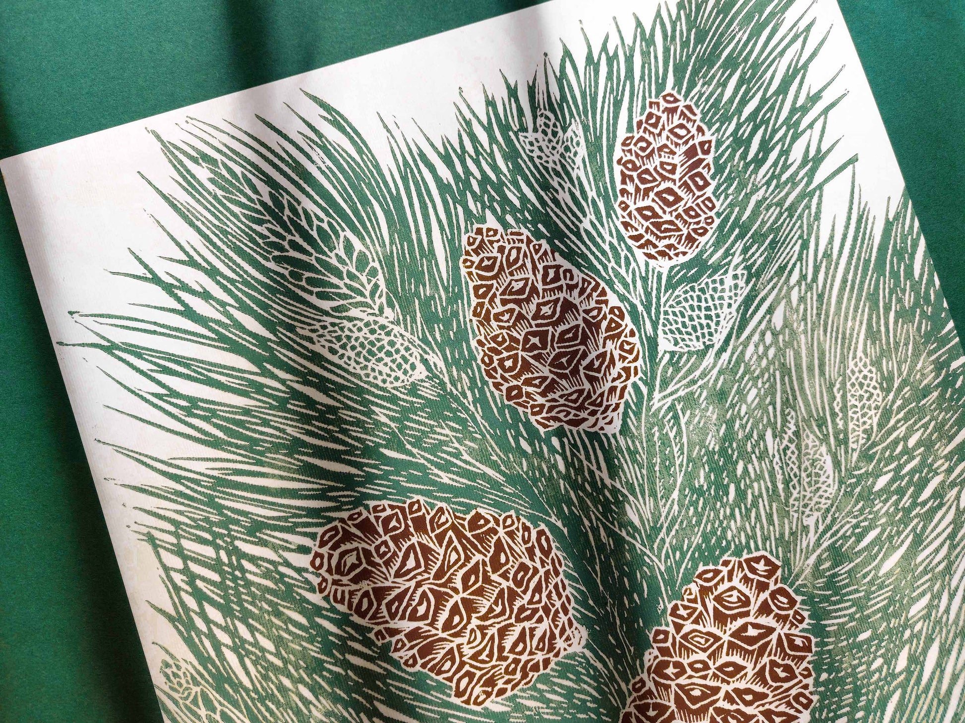 Green and brown cones neutral pine tree Linocut print for autumn or winter farmhouse bedroom, living room, kitchen UNFRAMED / lino print, printmaking art, handmade art, linogravure, original artwork, relief print