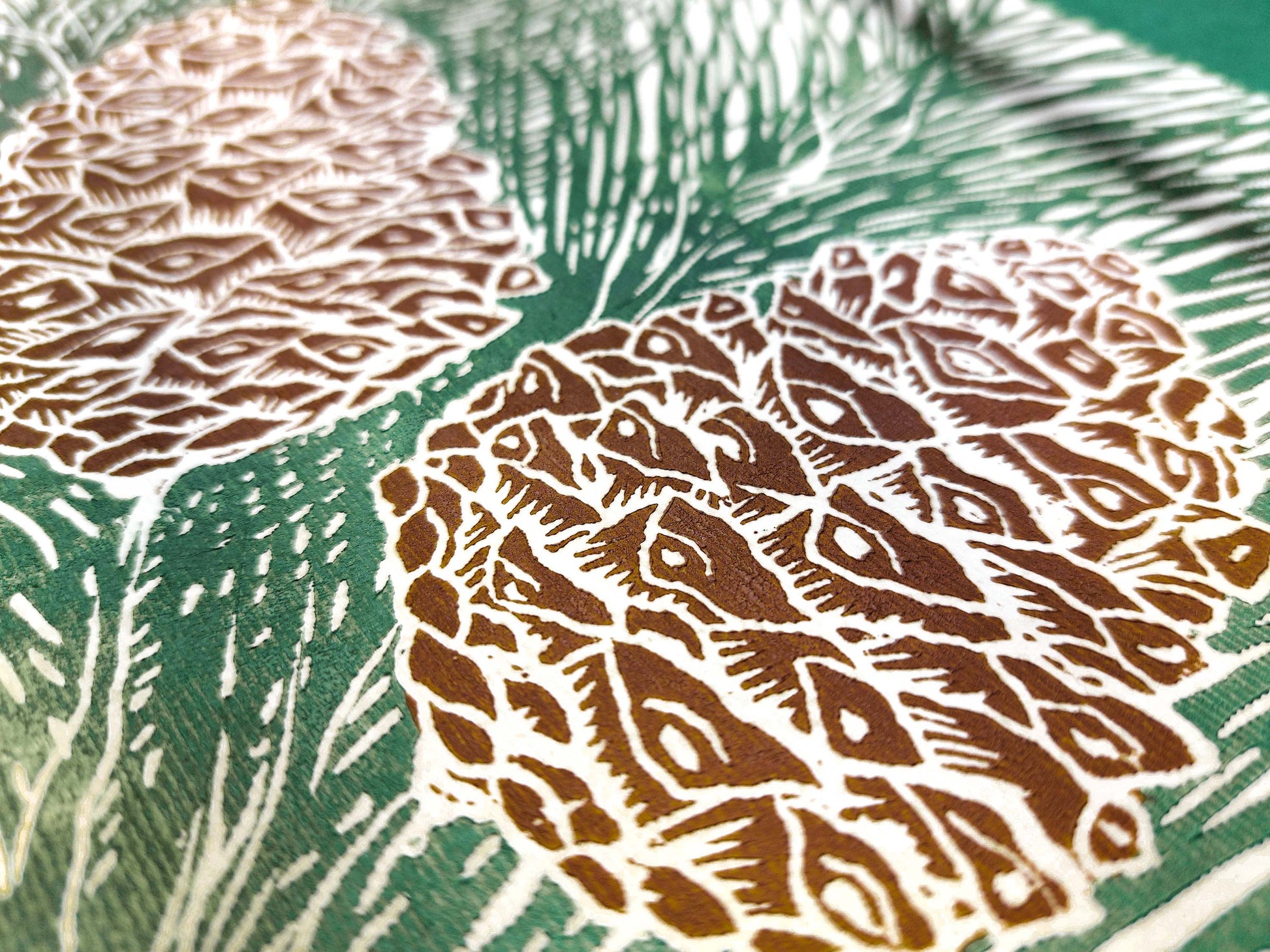 Green and brown cones neutral pine tree Linocut print for autumn or winter farmhouse bedroom, living room, kitchen UNFRAMED / lino print, printmaking art, handmade art, linogravure, original artwork, relief print