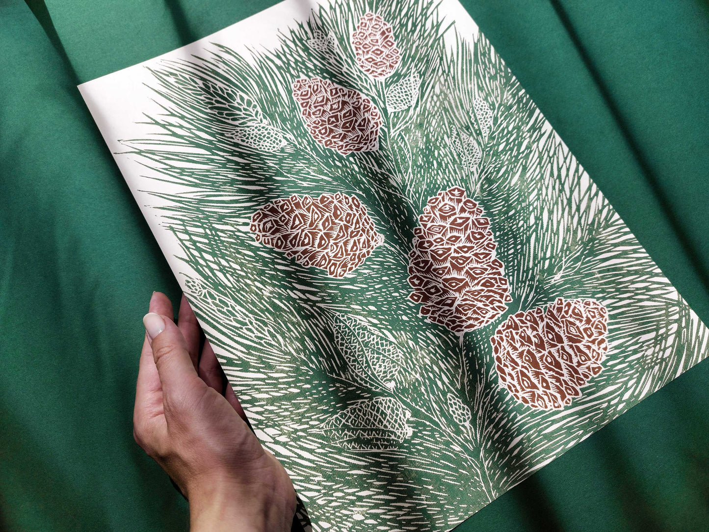 Green and brown cones neutral pine tree Linocut print for autumn or winter farmhouse bedroom, living room, kitchen UNFRAMED / lino print, printmaking art, handmade art, linogravure, original artwork, relief print