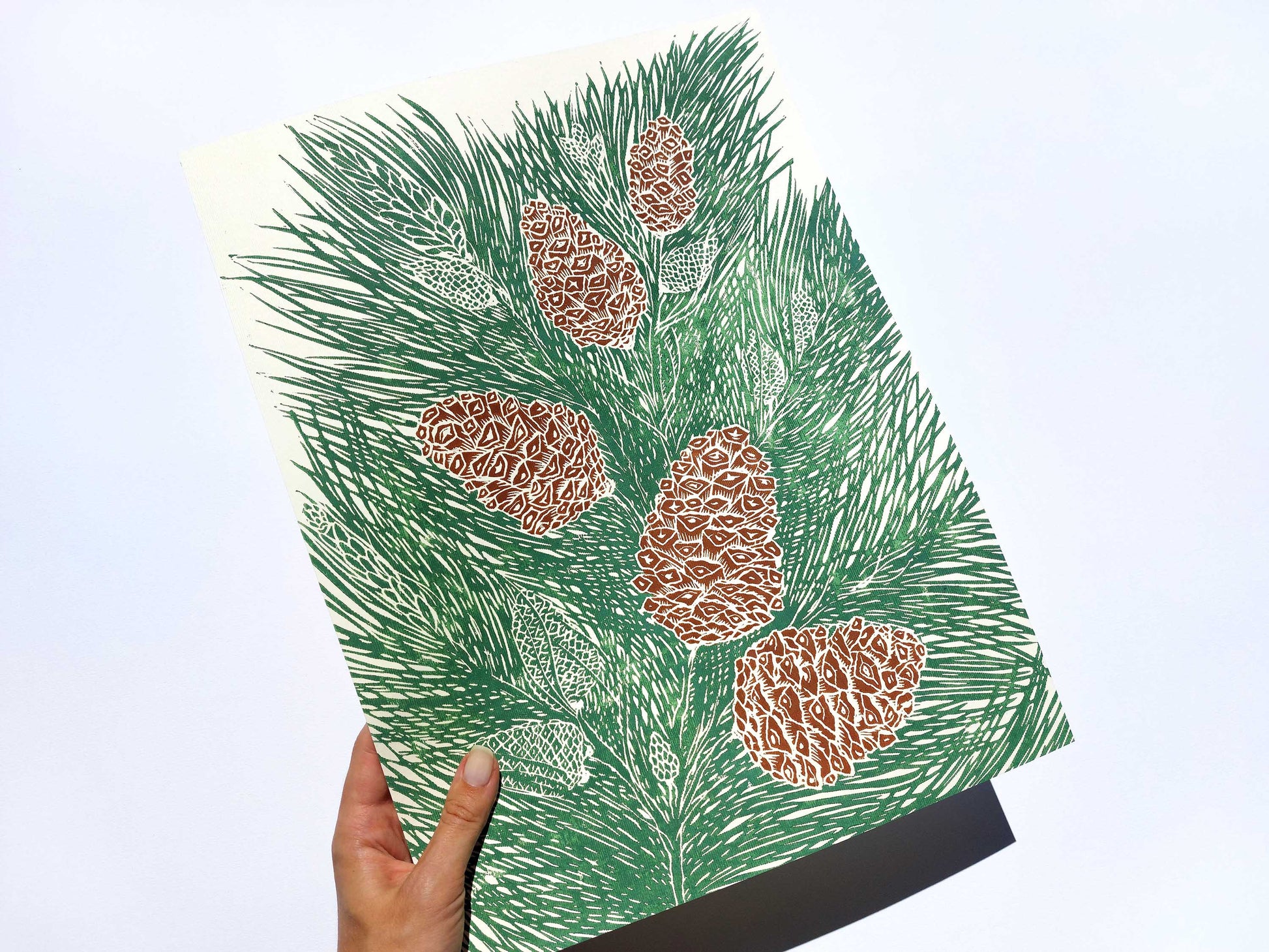 Green and brown cones neutral pine tree Linocut print for autumn or winter farmhouse bedroom, living room, kitchen UNFRAMED / lino print, printmaking art, handmade art, linogravure, original artwork, relief print