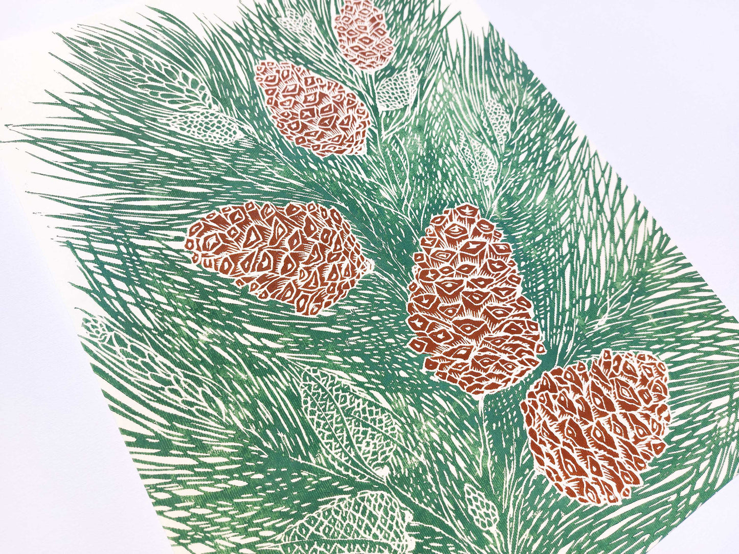 Green and brown cones neutral pine tree Linocut print for autumn or winter farmhouse bedroom, living room, kitchen UNFRAMED / lino print, printmaking art, handmade art, linogravure, original artwork, relief print