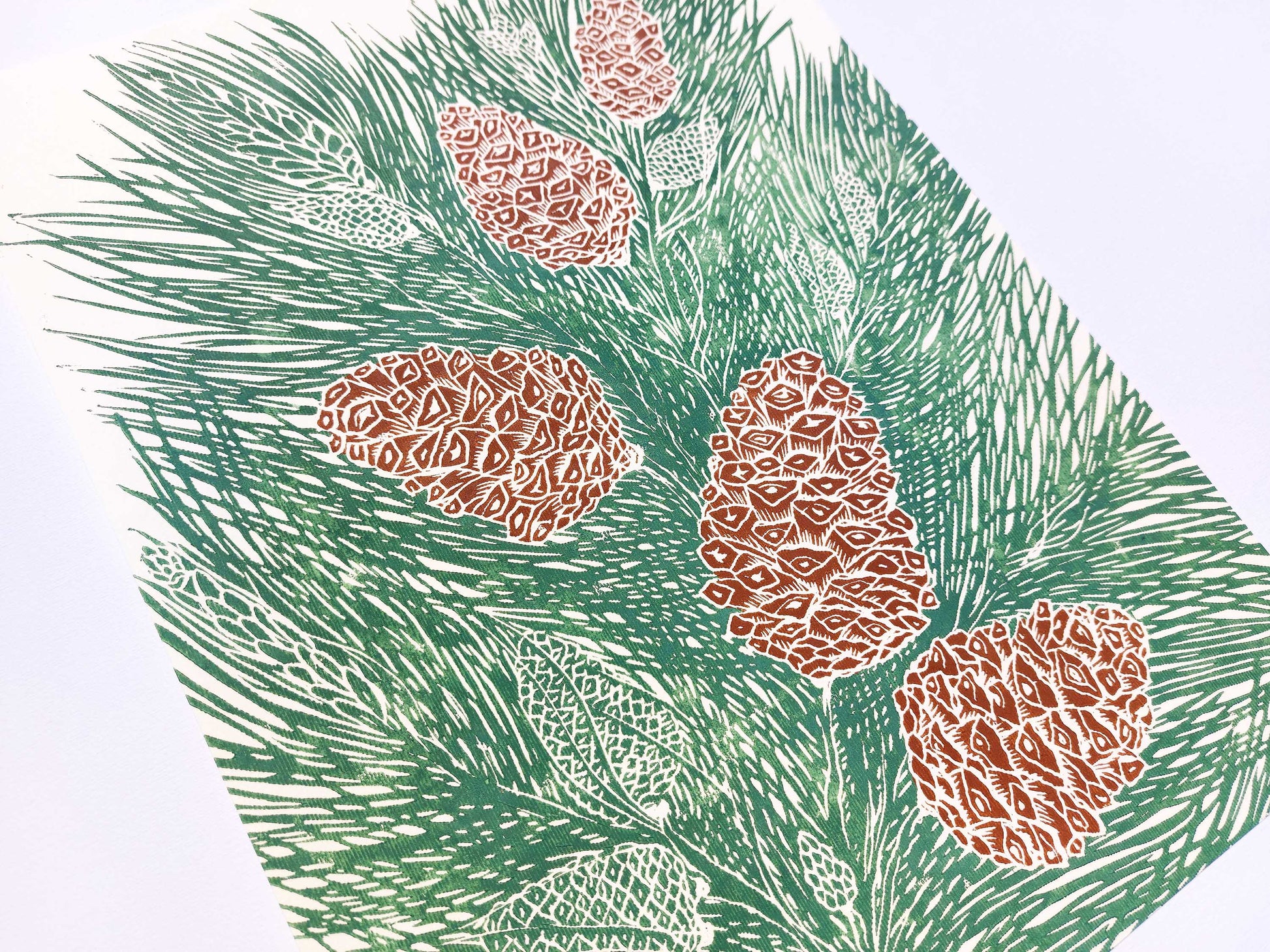 Green and brown cones neutral pine tree Linocut print for autumn or winter farmhouse bedroom, living room, kitchen UNFRAMED / lino print, printmaking art, handmade art, linogravure, original artwork, relief print