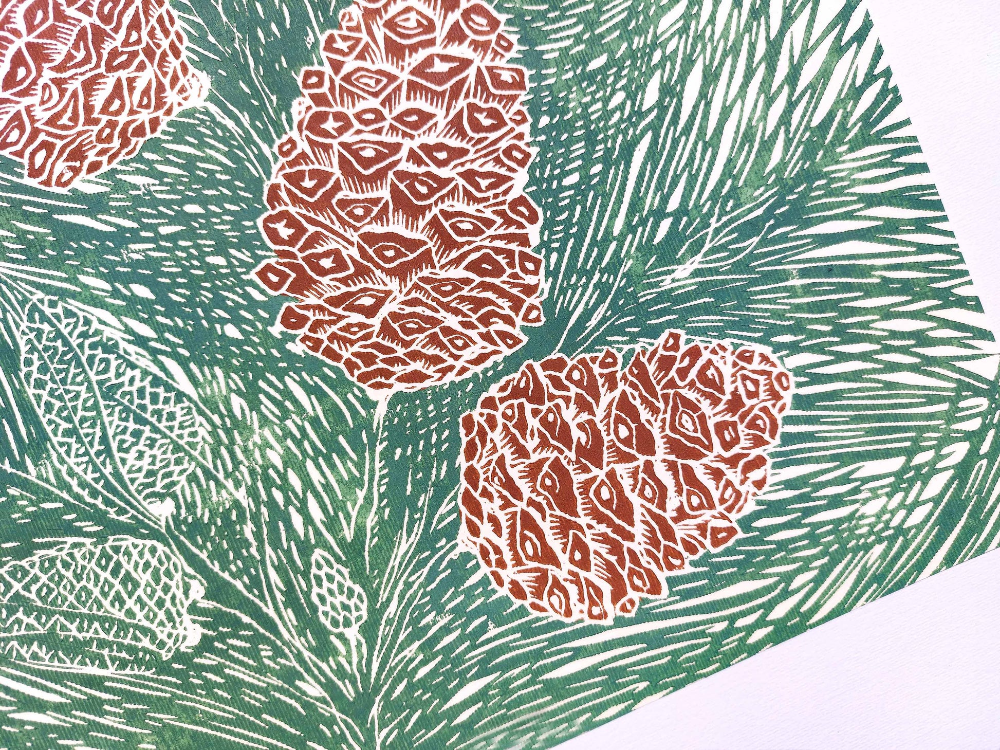 Green and brown cones neutral pine tree Linocut print for autumn or winter farmhouse bedroom, living room, kitchen UNFRAMED / lino print, printmaking art, handmade art, linogravure, original artwork, relief print