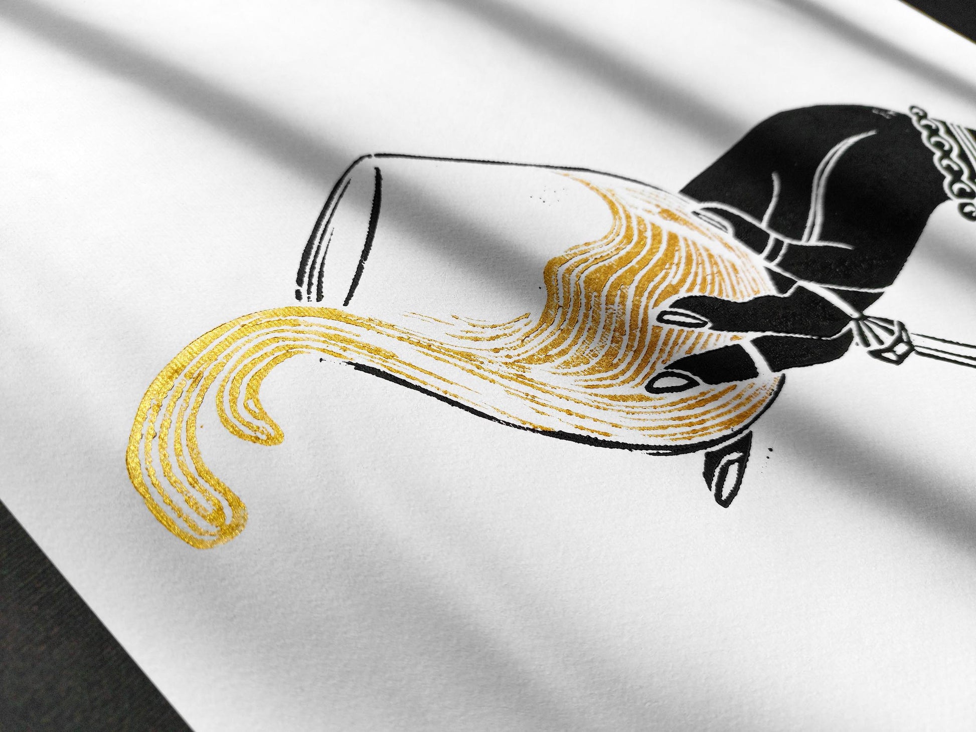 Black woman hand with glass of white gold wine Linocut print for New home gift UNFRAMED / lino print, linogravure, original artwork, relief print, printmaking / alcohol drink art, for dining room, living room and modern kitchen wall art and decor
