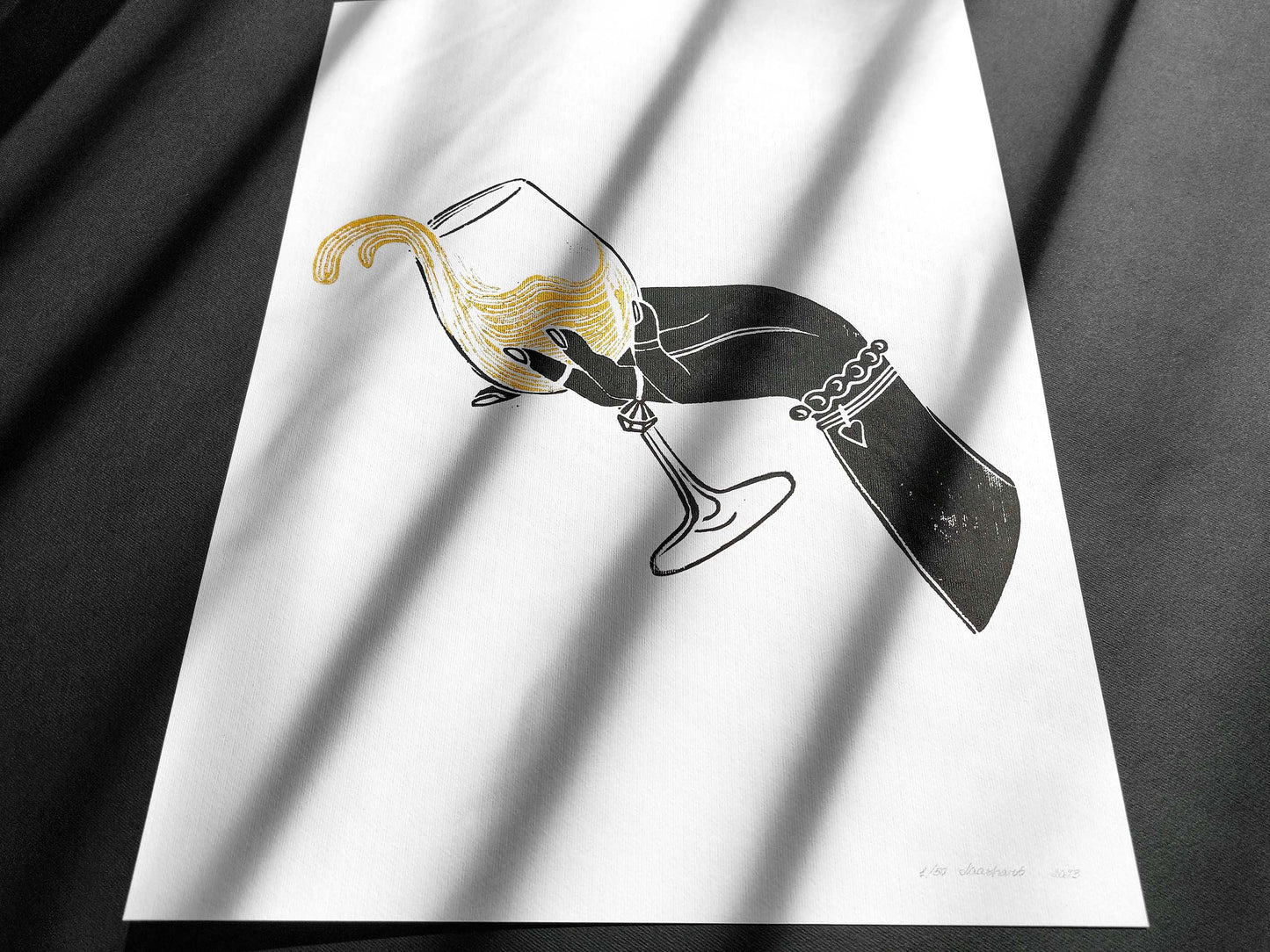 Black woman hand with glass of white gold wine Linocut print for New home gift UNFRAMED / lino print, linogravure, original artwork, relief print, printmaking / alcohol drink art, for dining room, living room and modern kitchen wall art and decor