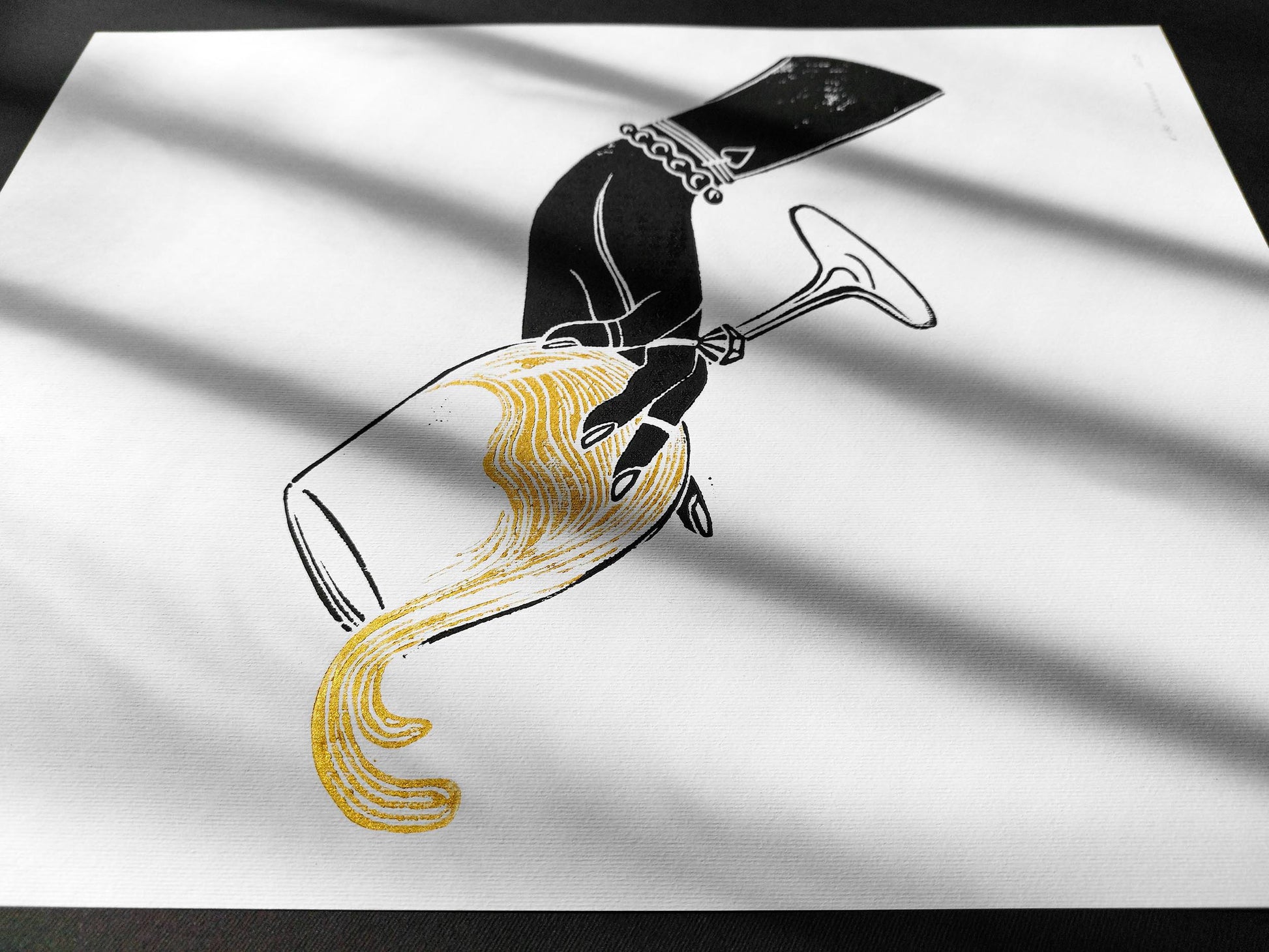 Black woman hand with glass of white gold wine Linocut print for New home gift UNFRAMED / lino print, linogravure, original artwork, relief print, printmaking / alcohol drink art, for dining room, living room and modern kitchen wall art and decor