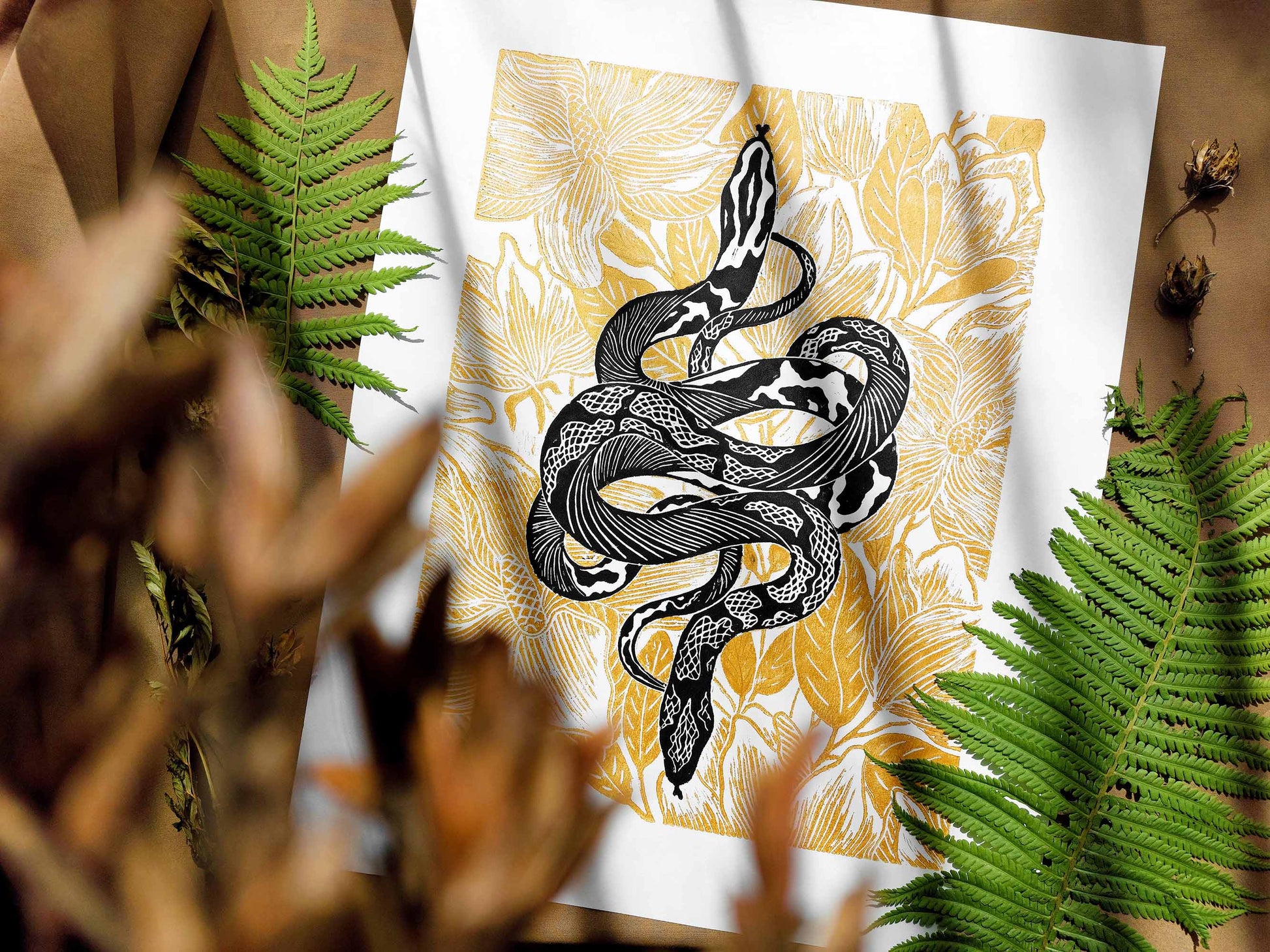 Black and gold floral snake magnolia flowers Linocut print for Nature lover gift UNFRAMED Housewarming gift New home gift Living room or bedroom decor 16x12 Reptile Original artwork Classical wall decor