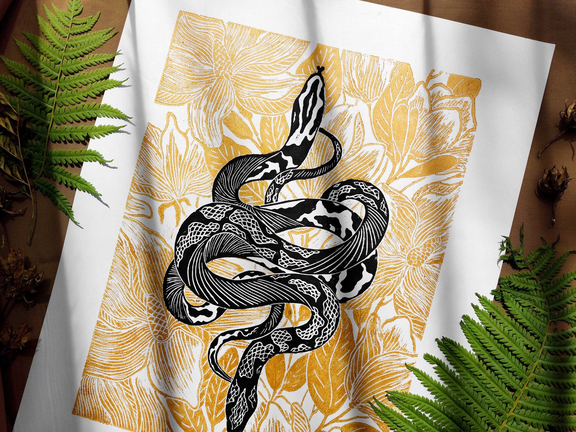 Black and gold floral snake magnolia flowers Linocut print for Nature lover gift UNFRAMED Housewarming gift New home gift Living room or bedroom decor 16x12 Reptile Original artwork Classical wall decor
