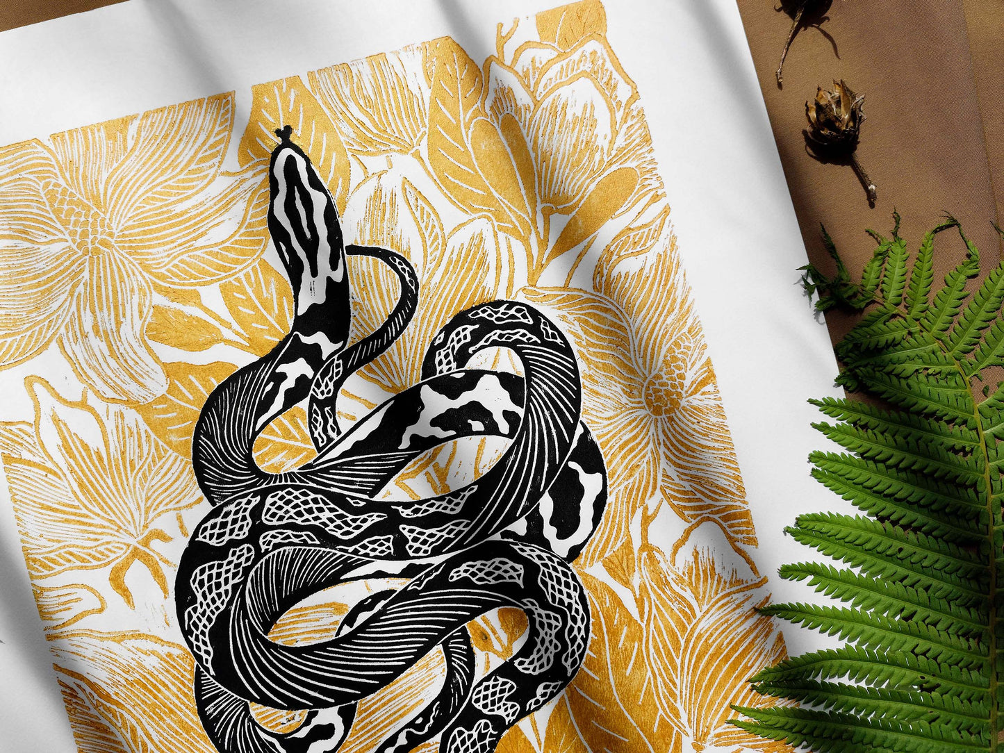 Black and gold floral snake magnolia flowers Linocut print for Nature lover gift UNFRAMED Housewarming gift New home gift Living room or bedroom decor 16x12 Reptile Original artwork Classical wall decor