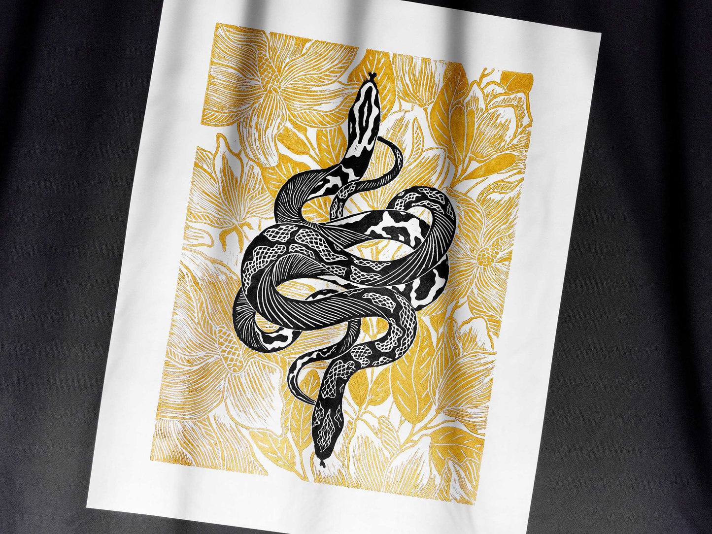 Black and gold floral snake magnolia flowers Linocut print for Nature lover gift UNFRAMED Housewarming gift New home gift Living room or bedroom decor 16x12 Reptile Original artwork Classical wall decor