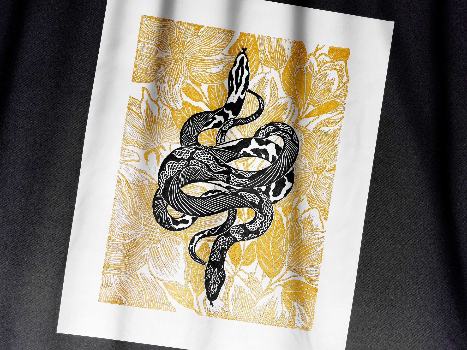Black and gold floral snake magnolia flowers Linocut print for Nature lover gift UNFRAMED Housewarming gift New home gift Living room or bedroom decor 16x12 Reptile Original artwork Classical wall decor