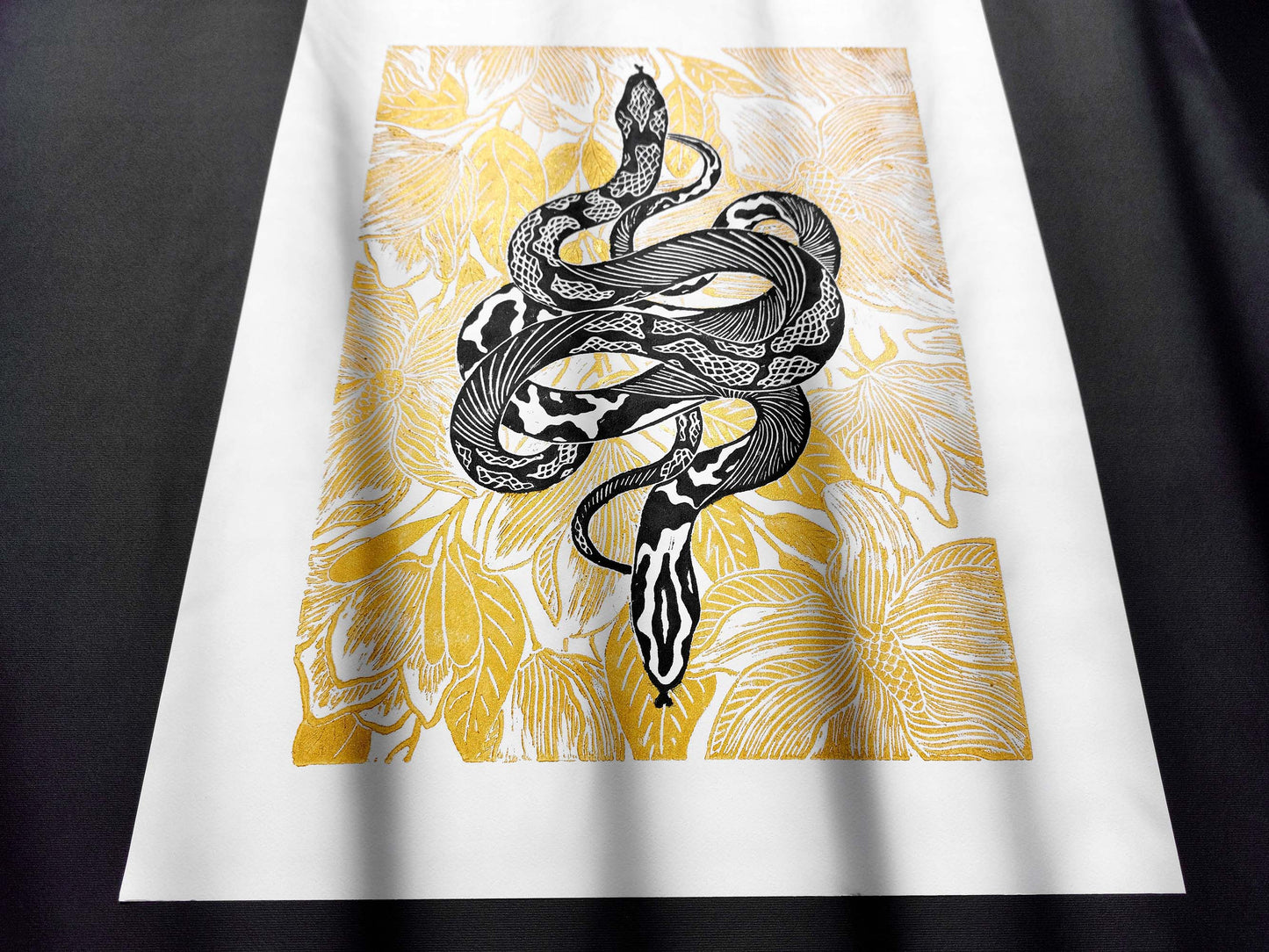Black and gold floral snake magnolia flowers Linocut print for Nature lover gift UNFRAMED Housewarming gift New home gift Living room or bedroom decor 16x12 Reptile Original artwork Classical wall decor