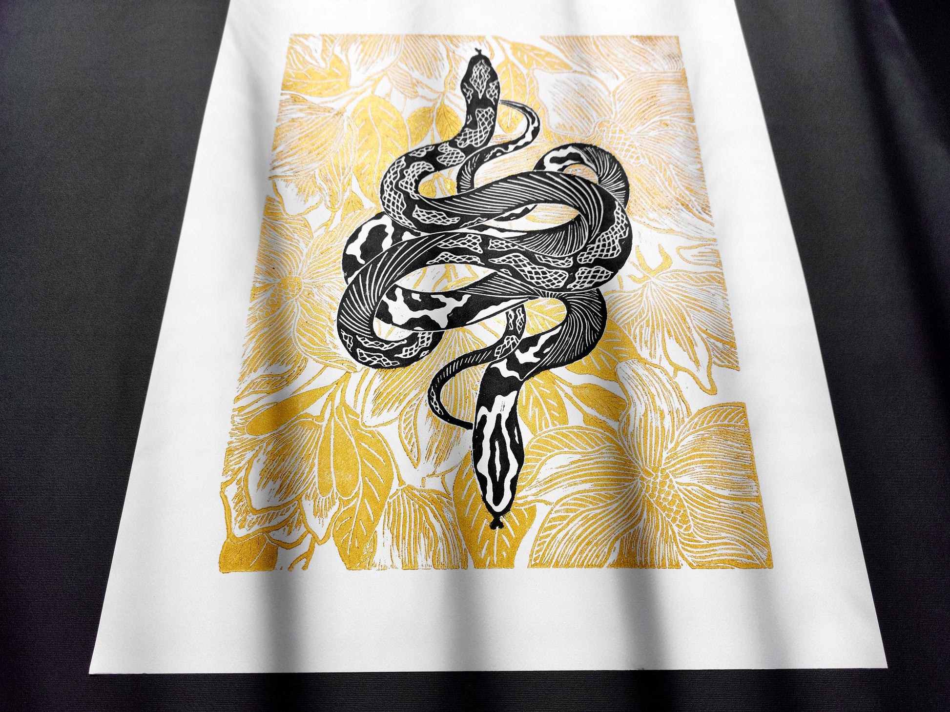 Black and gold floral snake magnolia flowers Linocut print for Nature lover gift UNFRAMED Housewarming gift New home gift Living room or bedroom decor 16x12 Reptile Original artwork Classical wall decor